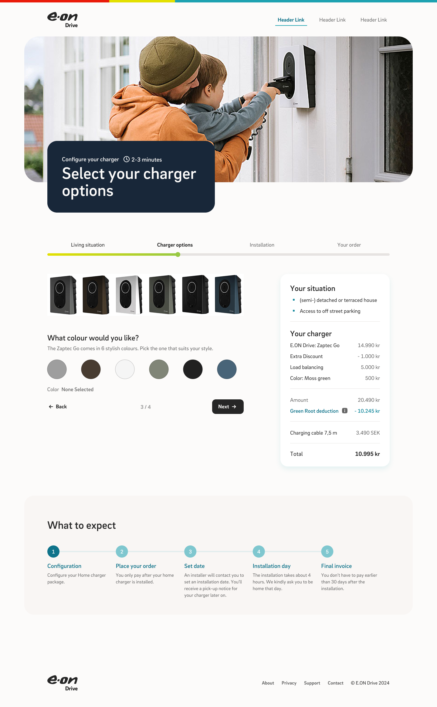 E.ON Drive guided product selection, step two: filtered charger options based on the customer's eligibility answers, showing pricing and available extras