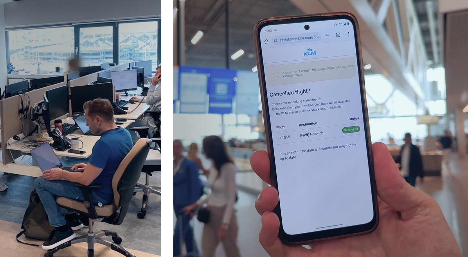 Designer working alongside rebooking agents at Schiphol's back office, manually updating flight statuses in the CMS while the mobile rebooking page shows the live status to passengers