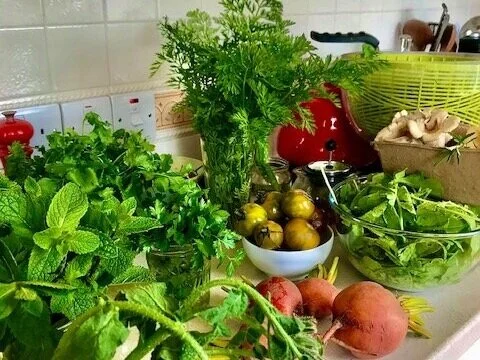 Leafy green vegetables and herbs