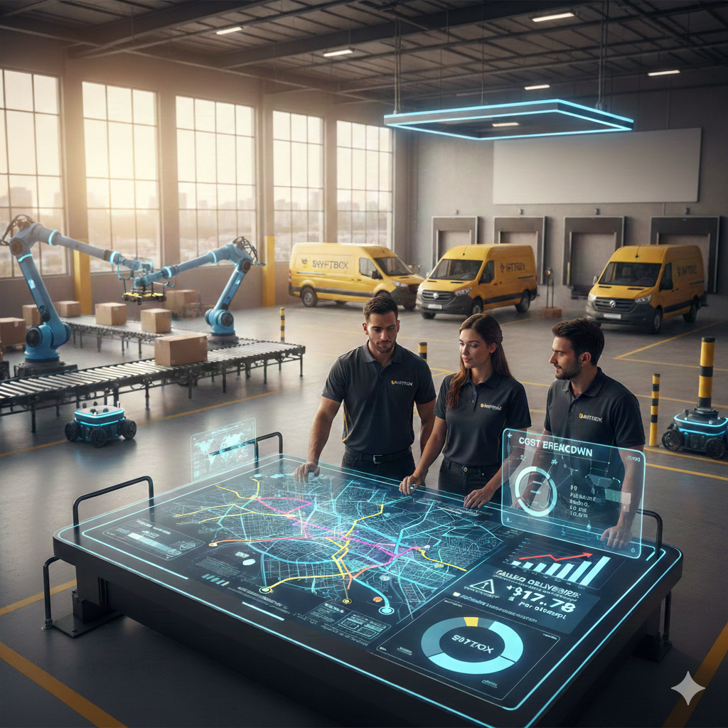 Three people in uniform analyze a glowing digital city map on a large touch-table inside a modern distribution center equipped with automation technology and delivery vehicles.