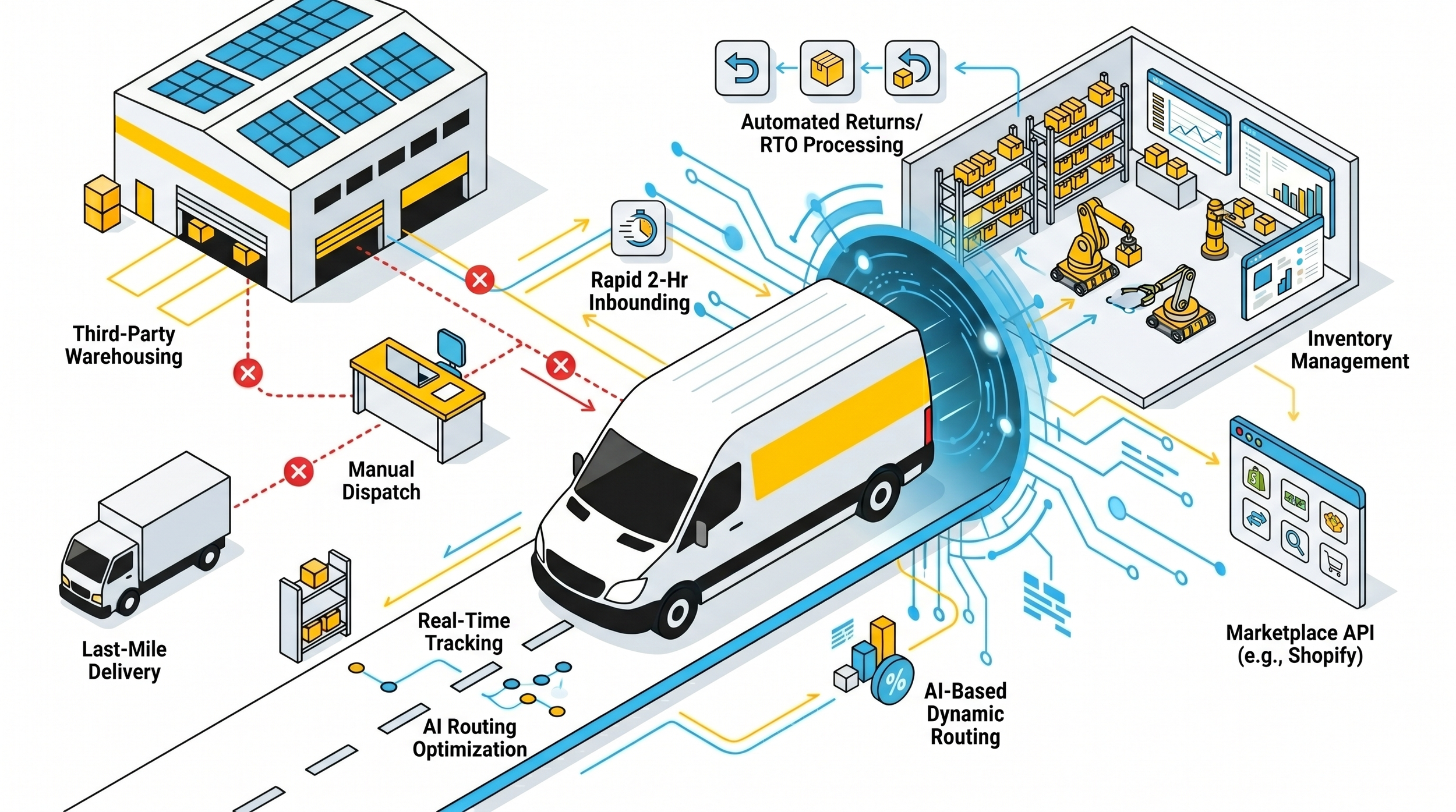 A clean, technical 2D isometric infographic on a pure white background comparing fragmented logistics versus unified full-stack fulfillment in the UAE.