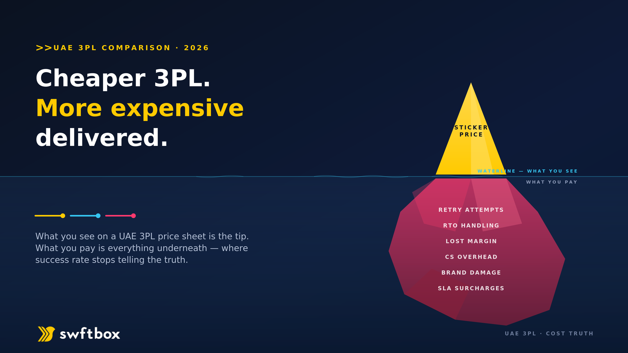 Iceberg diagram — small yellow "sticker price" tip above the waterline, huge red hidden mass below labeled Retry Attempts, RTO Handling, Lost Margin, CS Overhead, Brand Damage, SLA Surcharges.