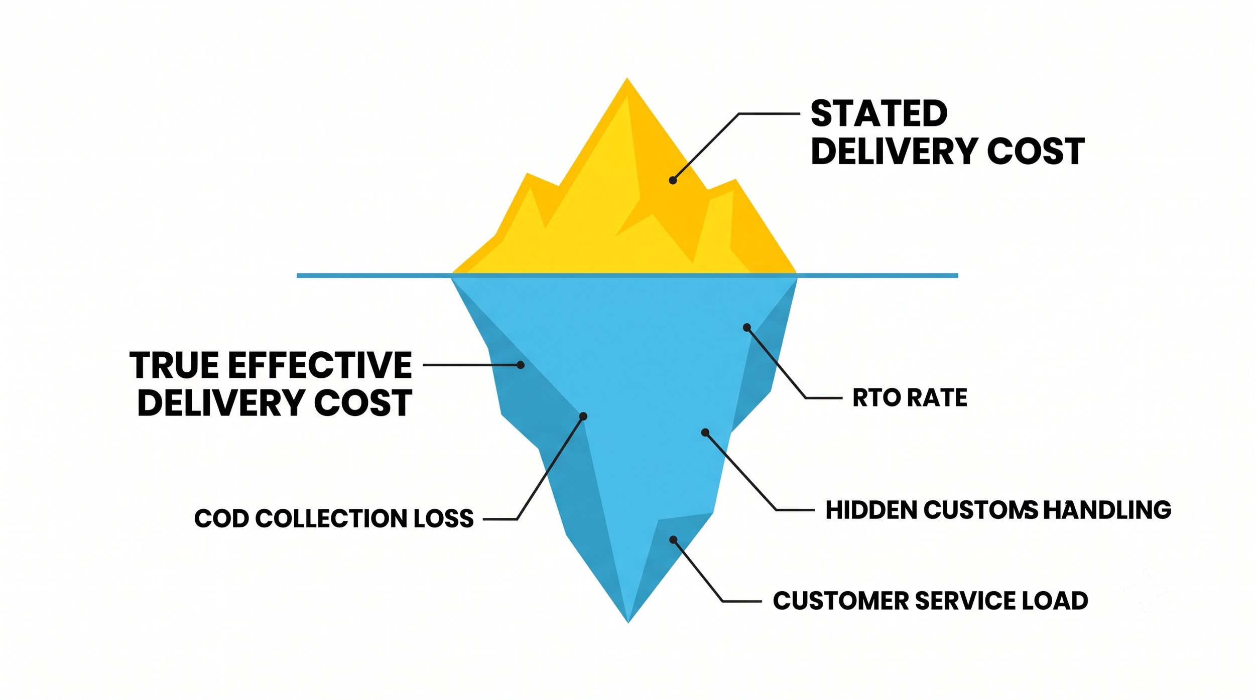 A geometric iceberg diagram illustrating the "Stated Delivery Cost" visible above the waterline, while the larger "True Effective Delivery Cost" and its hidden variables remain submerged below.