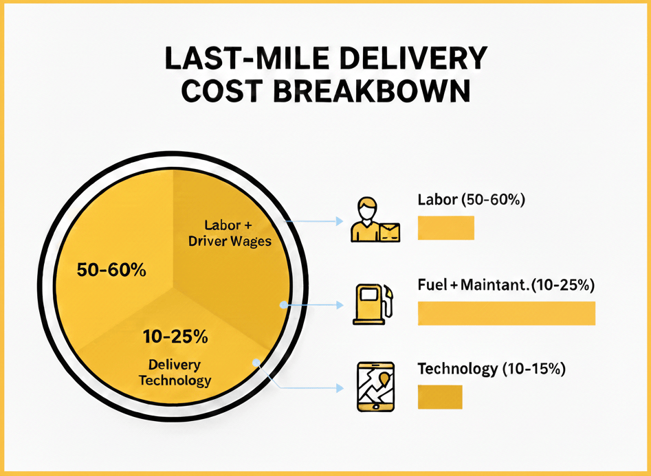 Infographic showing last-mile delivery cost breakdown: Labor and Driver Wages (50-60%), Fuel and Maintenance (10-25%), and Delivery Technology (10-15%).
