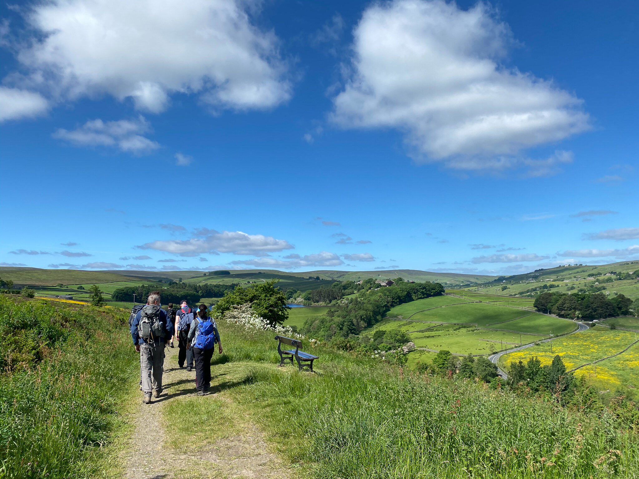 A group of hikers walking on a trail through a lush green landscape, under a bright blue sky with scattered white clouds. The path is surrounded by green fields and rolling hills in the background.