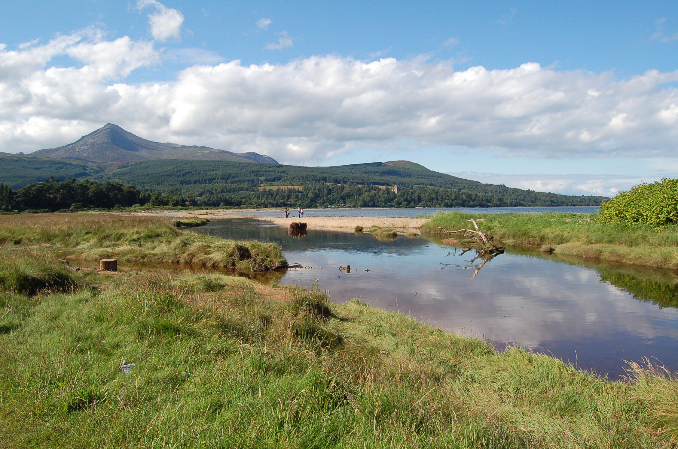 Scenic landscape with grassy fields, calm water reflecting clouds, and distant mountains under a blue sky.