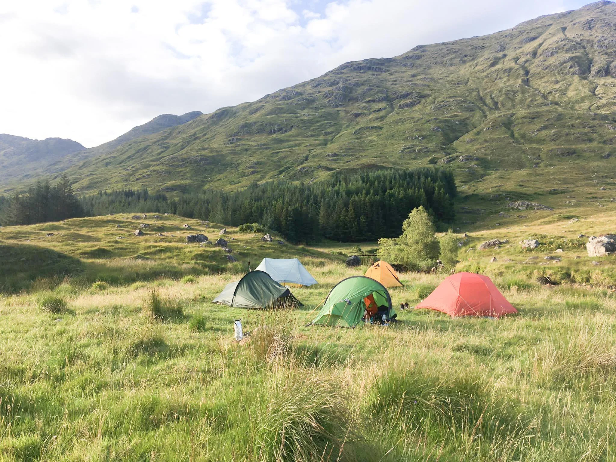 Camping tents on lush green grass with a mountain backdrop under a cloudy sky.
