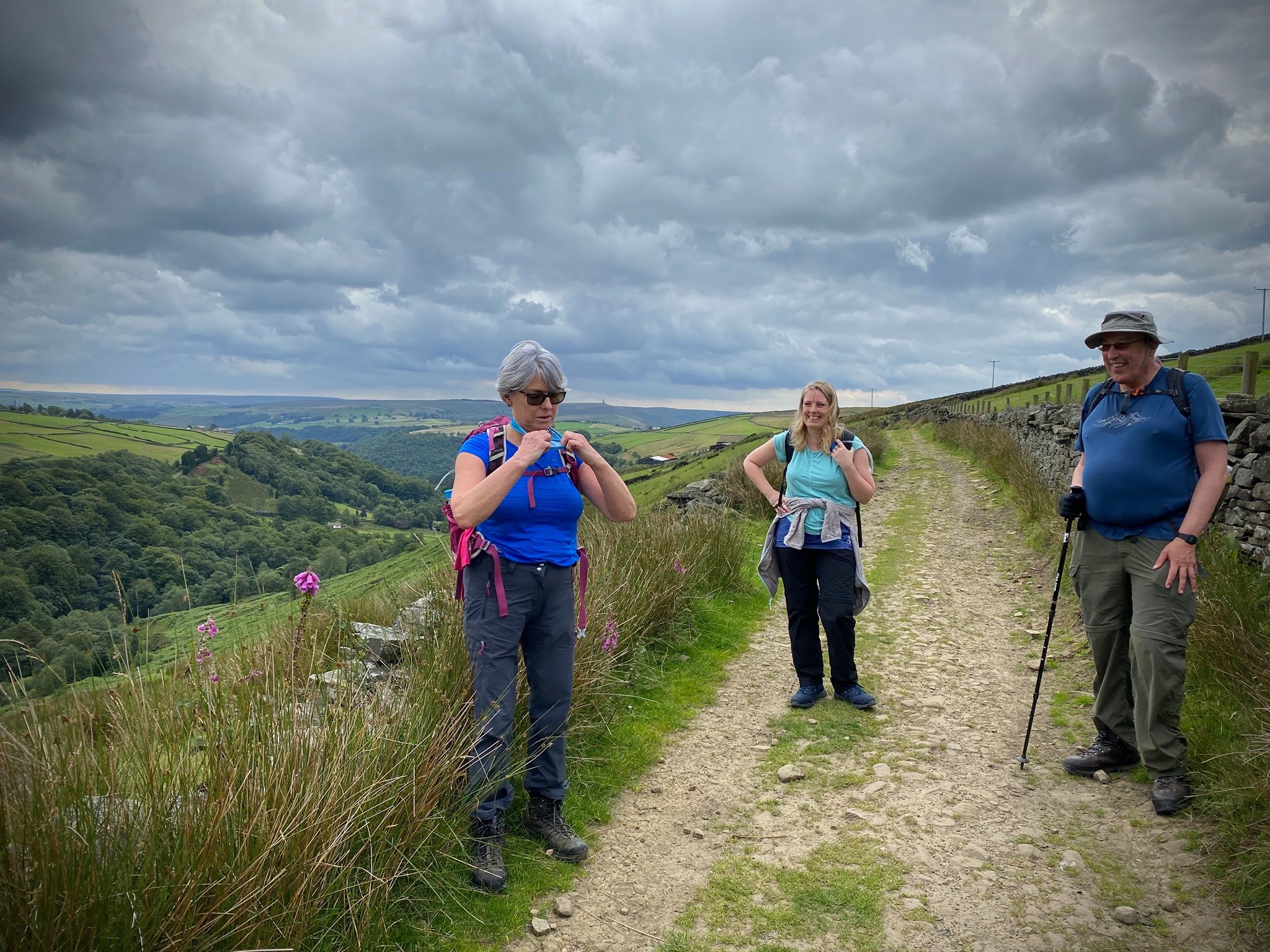 Three people hiking on a countryside trail with rolling green hills and cloudy skies in the background.