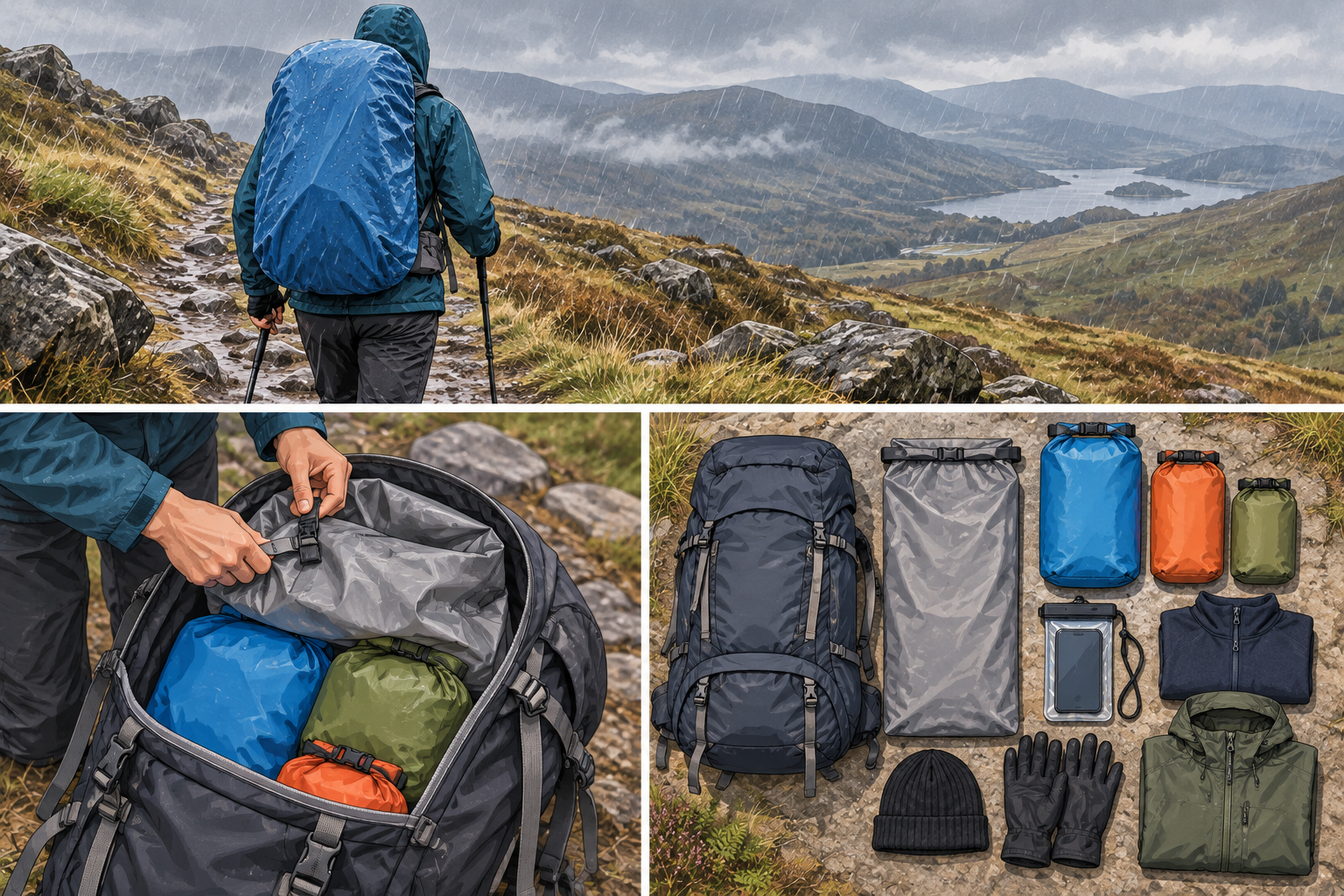 Image or walkers in the rain along with the various options to keep your bag dry such as dry bags and liners