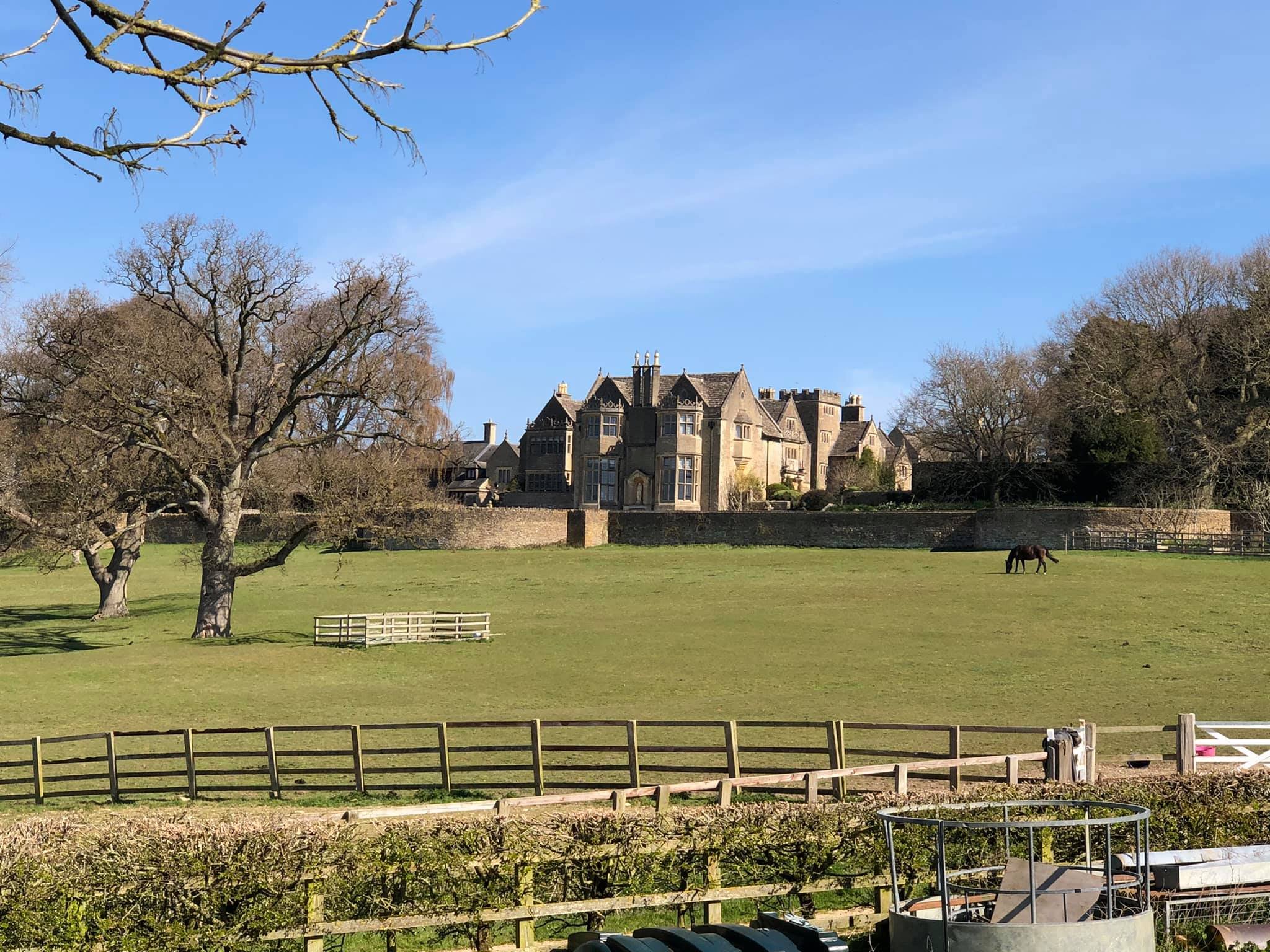 Countryside manor house with large lawn, a horse grazing, surrounded by bare trees and wooden fences under a clear blue sky.
