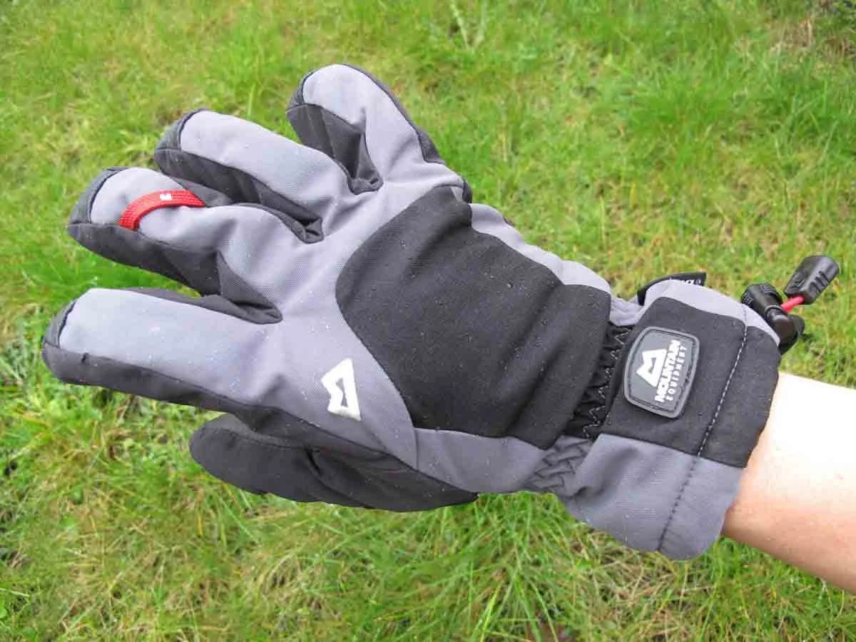 Mountain Equipment Guide Glove being tested in winter mountaineering conditions with ice tools