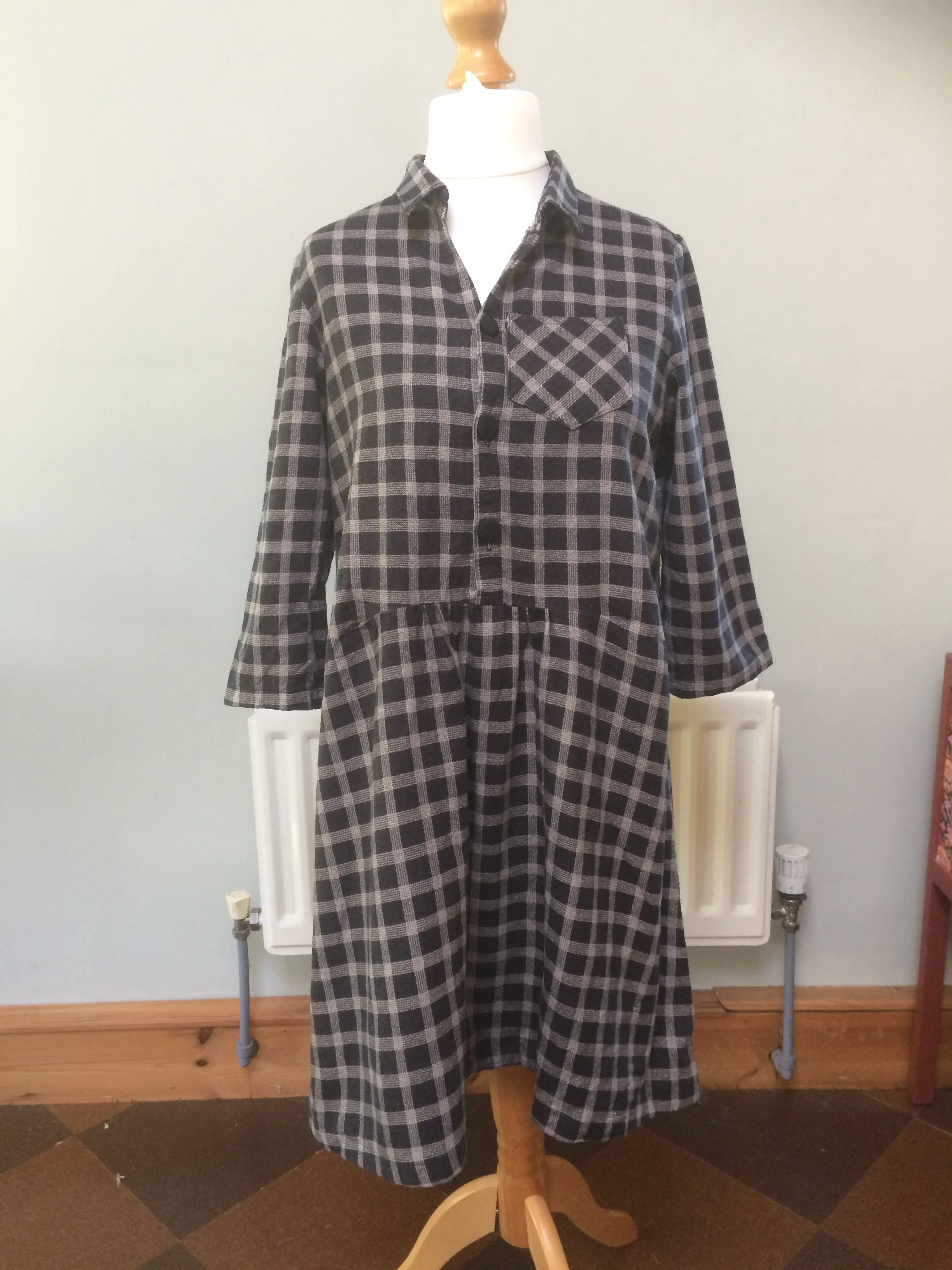 Completed shirt dress on dummy (front view)