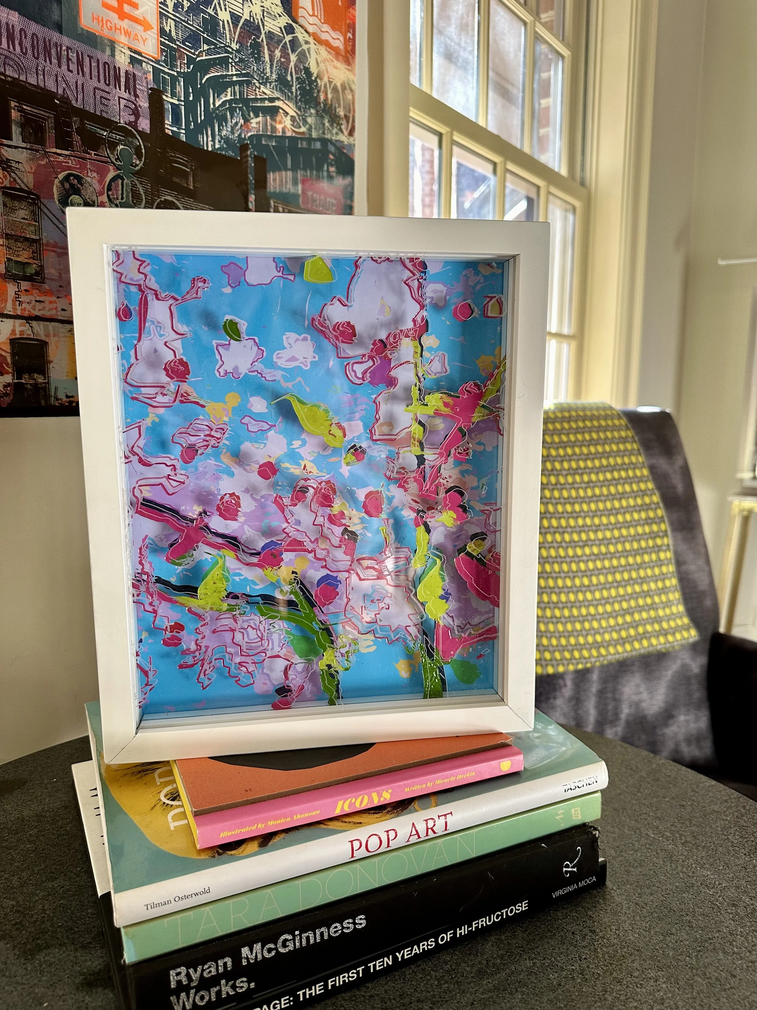 Cherry Blossoms Cherry Trees, plexiglass, photo rag paper, acrylic paint, wood and LED, 12 x 10 3/4 x 3 inches