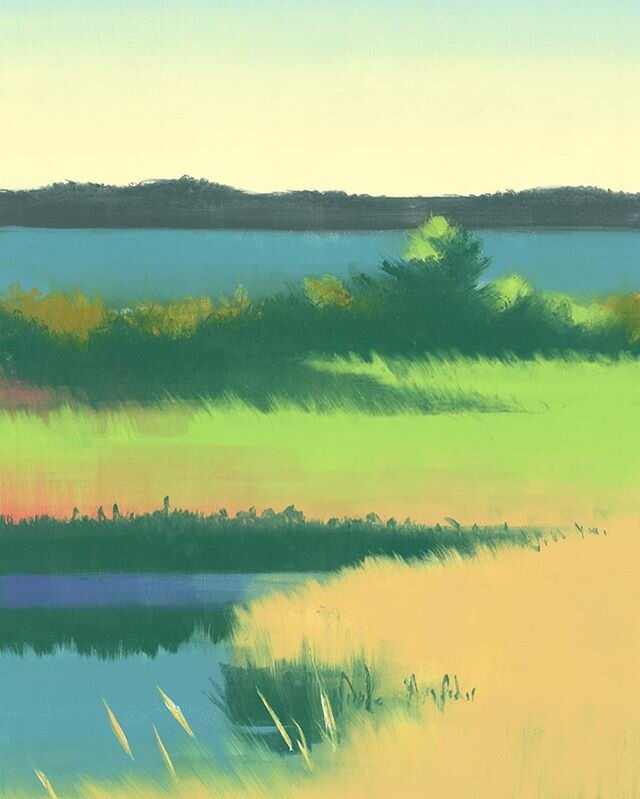 Summer Afternoon by @rachelburgessart 37x26 inches #monotype #monoprint #printmaking #oilonpaper #worksonpaper #landscapepainting #landscapes #marsh #piscataquariver #maine #newenglandlandscapes #contemporaryprintmaking #summerday #water #riverandmar