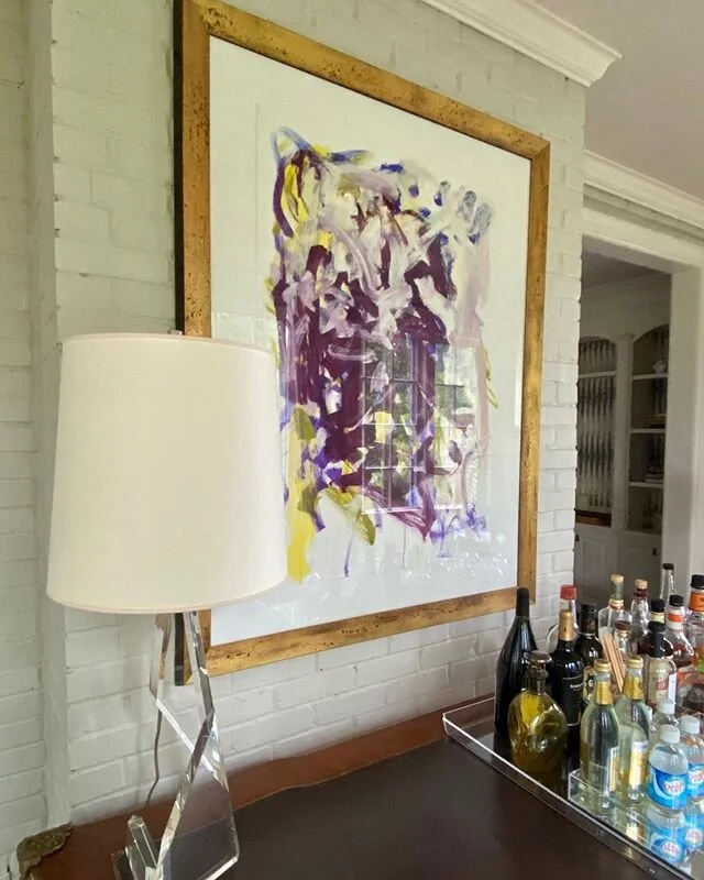 A beautiful abstract by @ryancobourn looks fantastic above my client&rsquo;s  antique desk/bar !💜 -with @rssdesign757 #abstractart #worksonpaper #modernart #contemporaryart #antiquesandabtractart #mixitup #curated #interesting #beautiful #sculptural