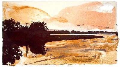 College Creek
screen print on handmade abaca paper with pigmented linen pulp painting
20 x 36 inches
$1,500