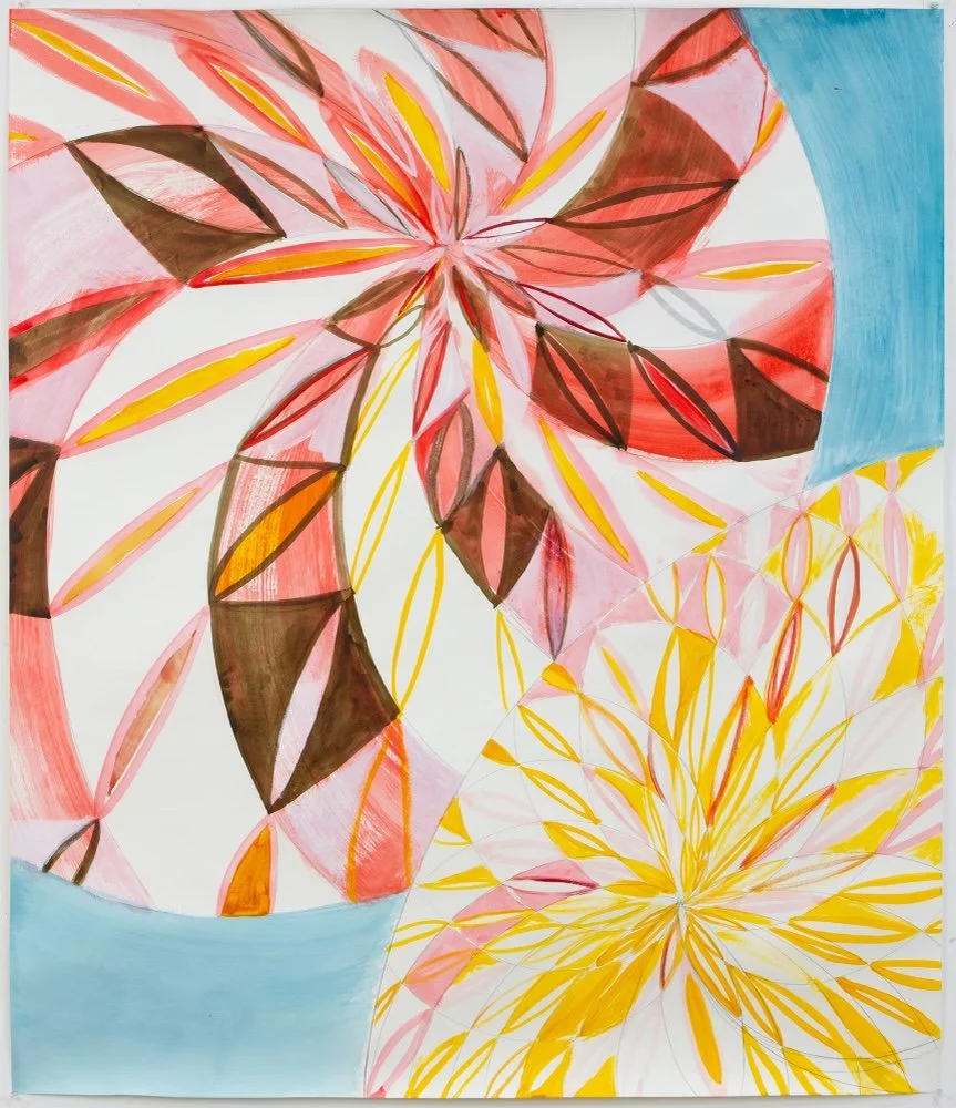 Snuggling Starbursts, ink and vinyl paint on paper, 50 x 42 inches