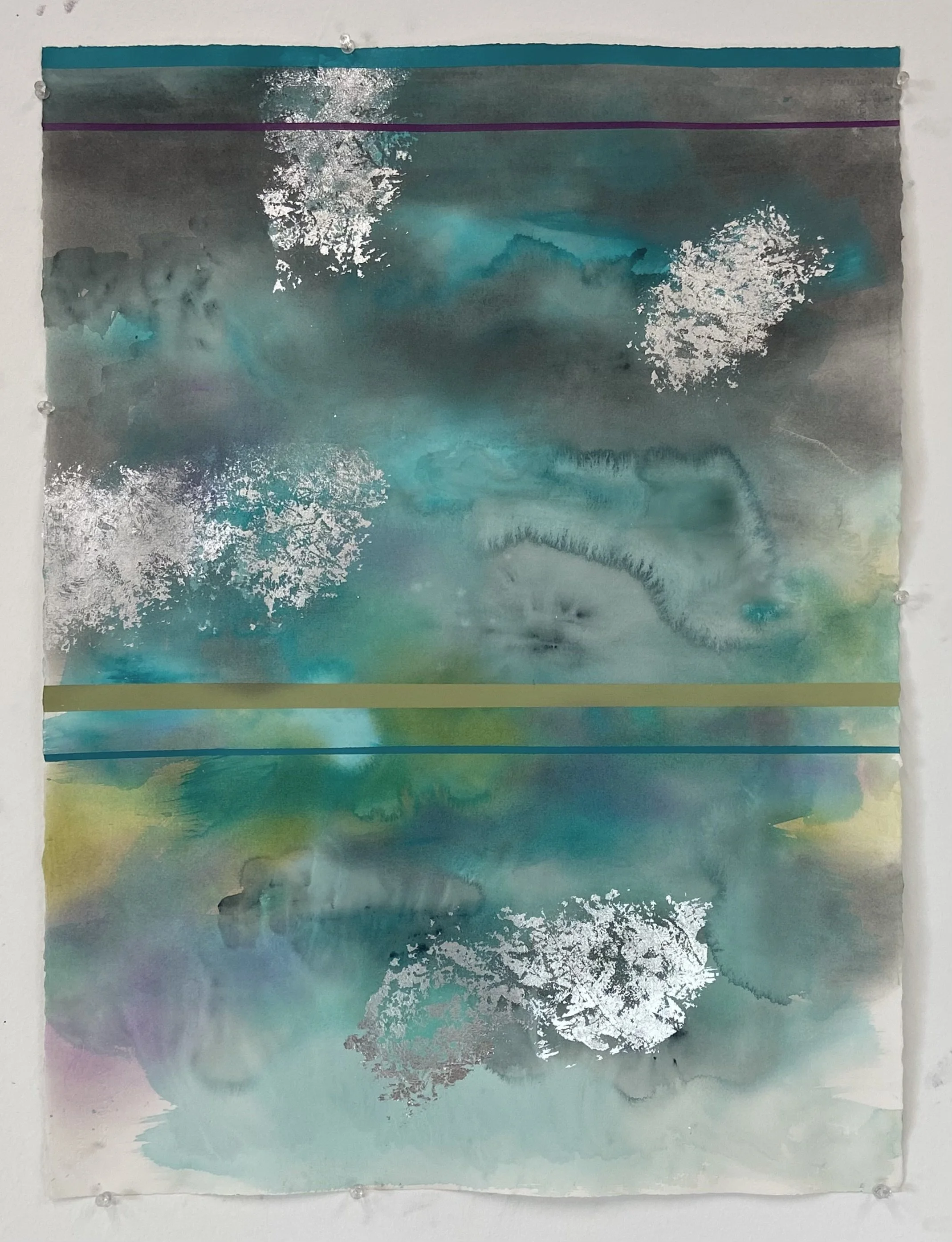Summer Pond with Algae, acrylic and silver leaf on paper, 30 x 22 inches, $1,000