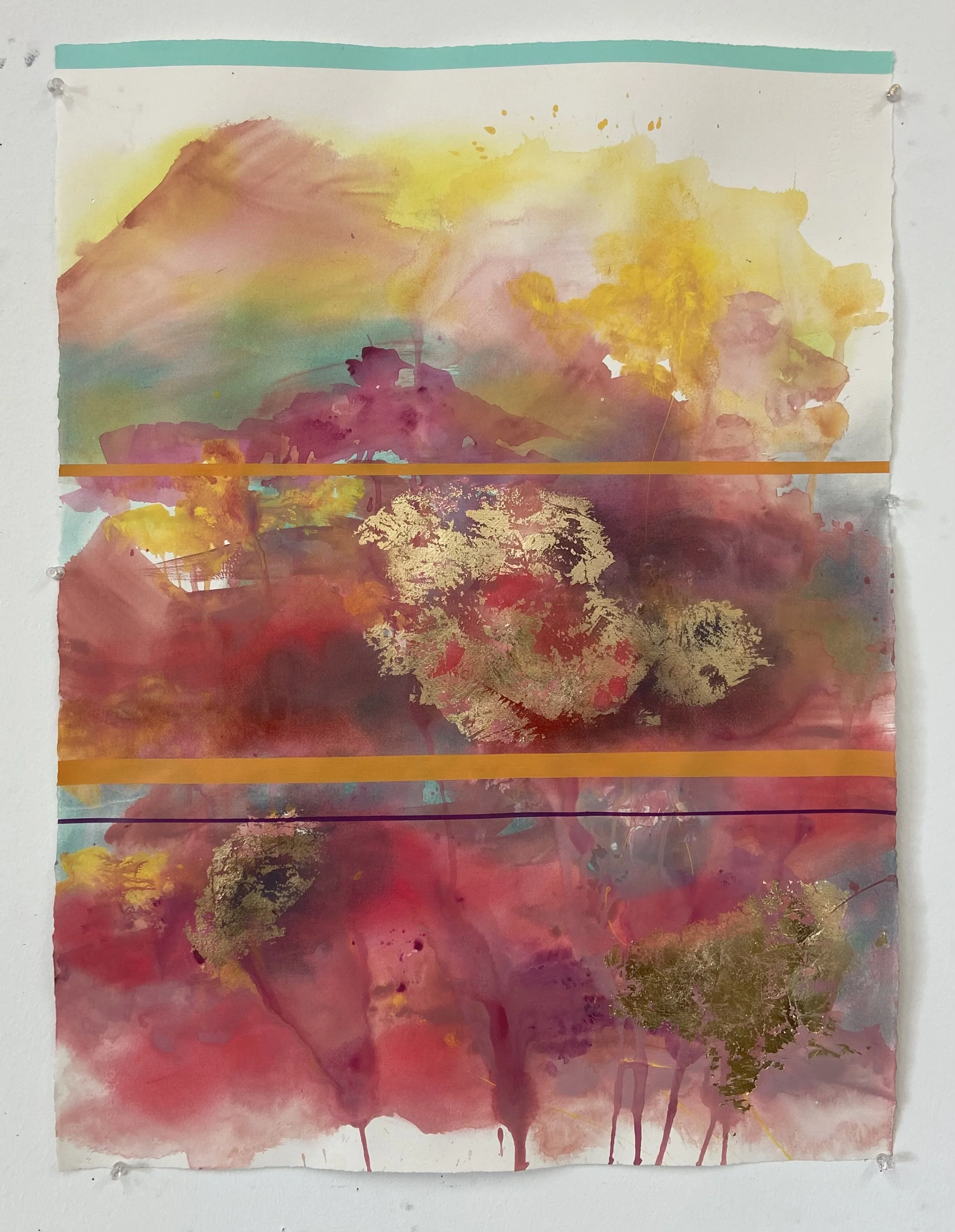 Mountain with Gingko and Maple in Autumn, pastel, acrylic and gold leaf on paper, 30 x 22 inches, $1,000