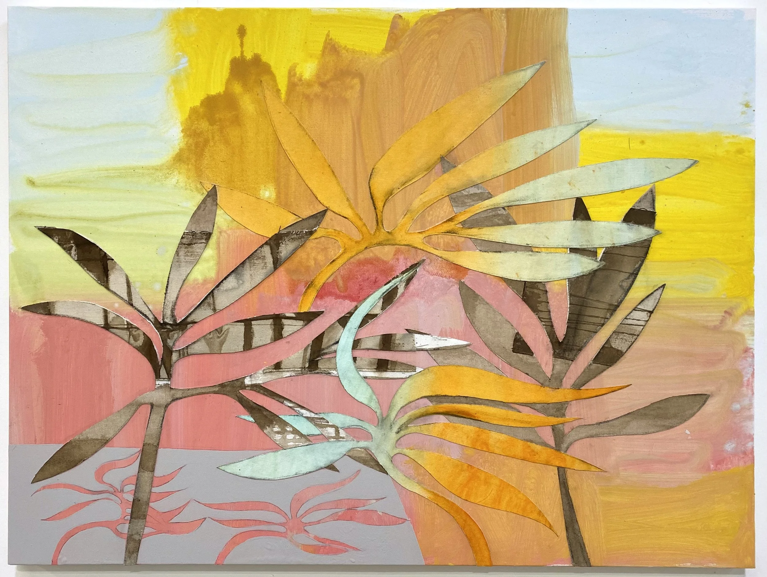 Untitled (pink and yellow flora) mixed media on canvas, 30 x 40 inches