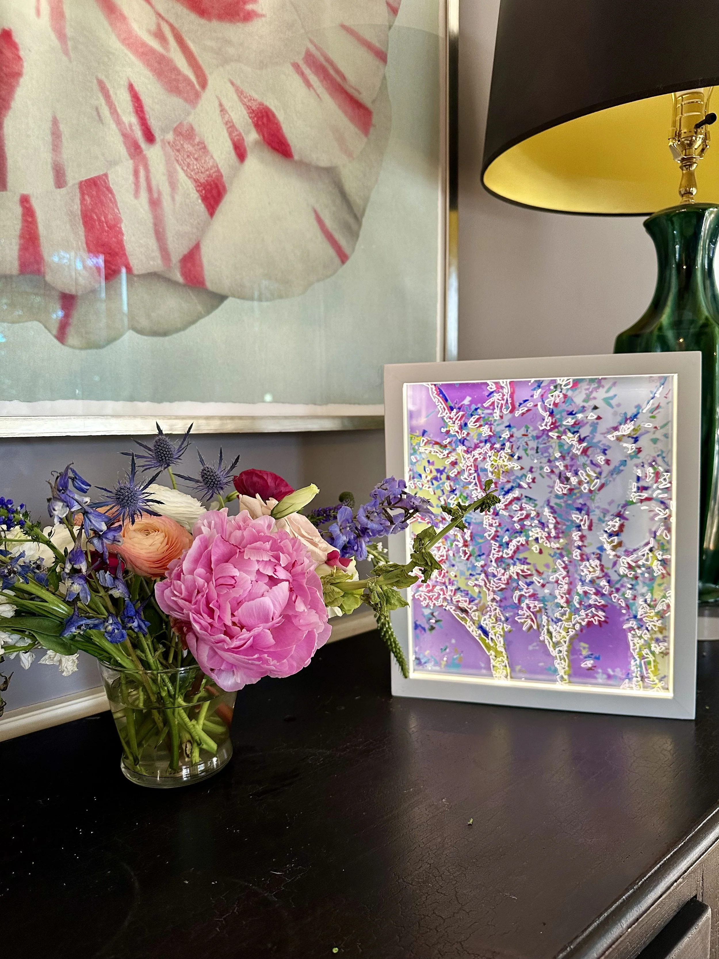 Cherry Blossoms Cherry Trees, plexiglass, photo rag paper, acrylic paint, wood and LED, 12 x 10 3/4 x 3 inches