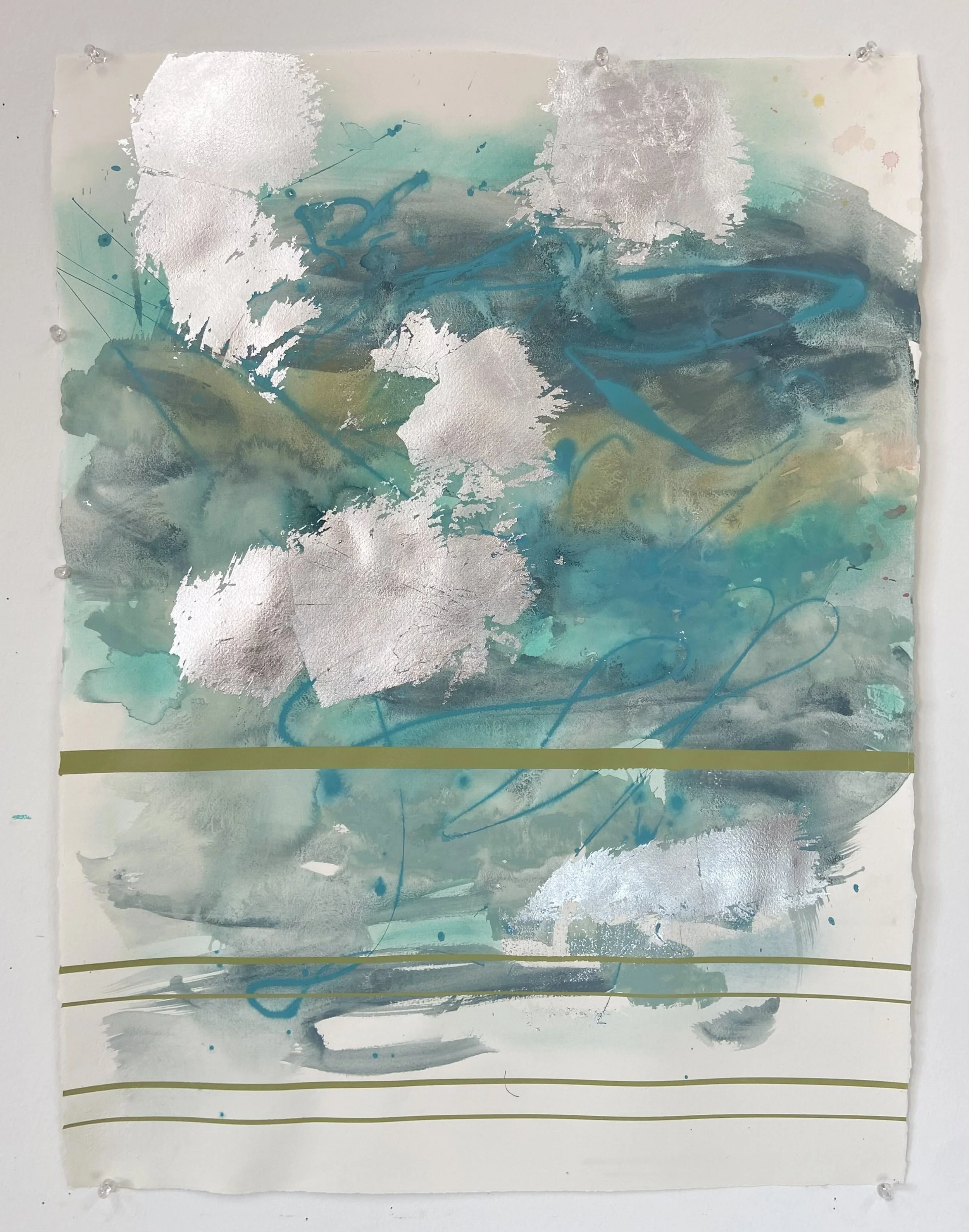 Glacial Melt, acrylic, silver leaf and graphite on paper, 30 x 22 inches, $1,000