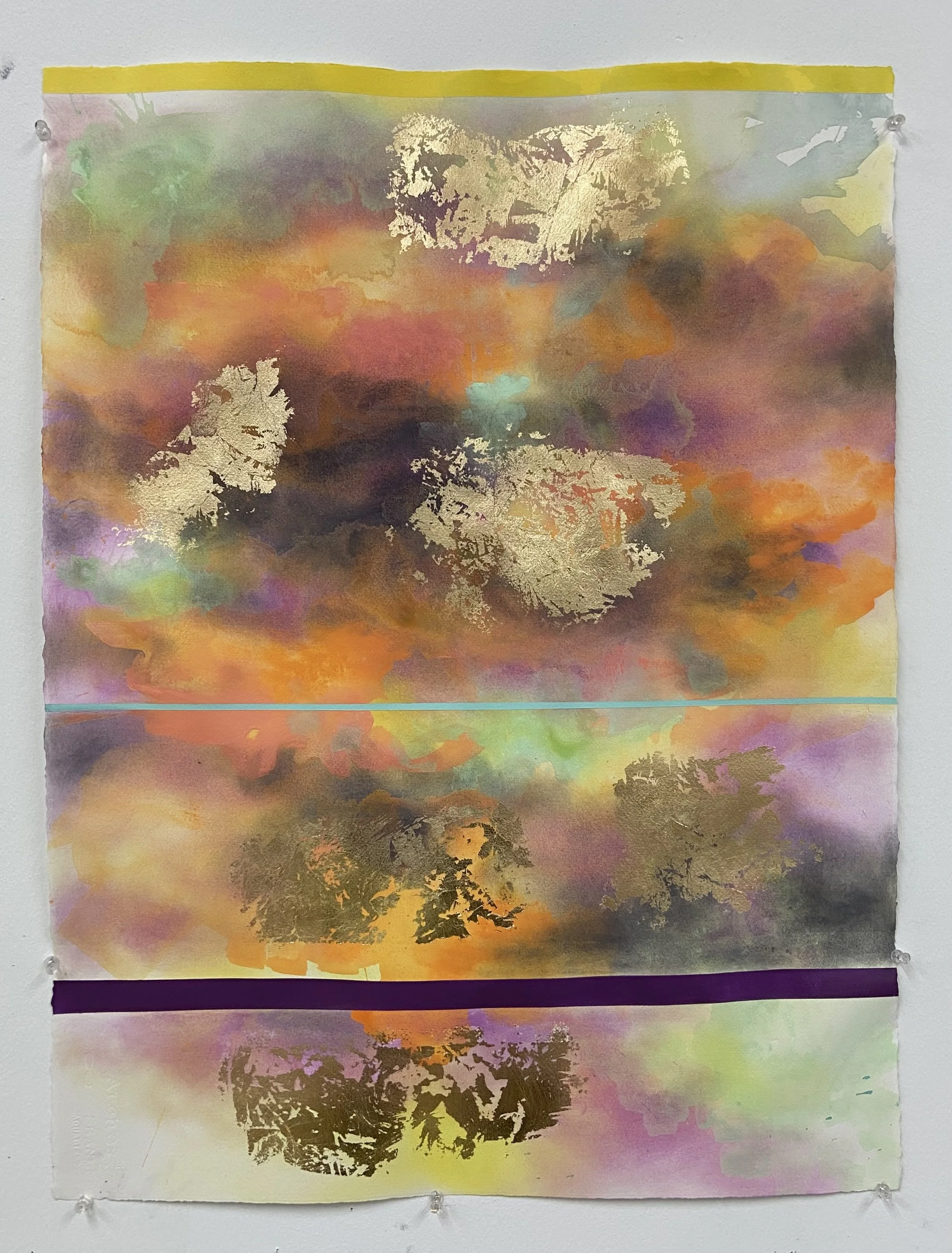 Wild Fire Sky Summer, acrylic, gold leaf, pastel on paper, 30 x 22 inches, $1,000