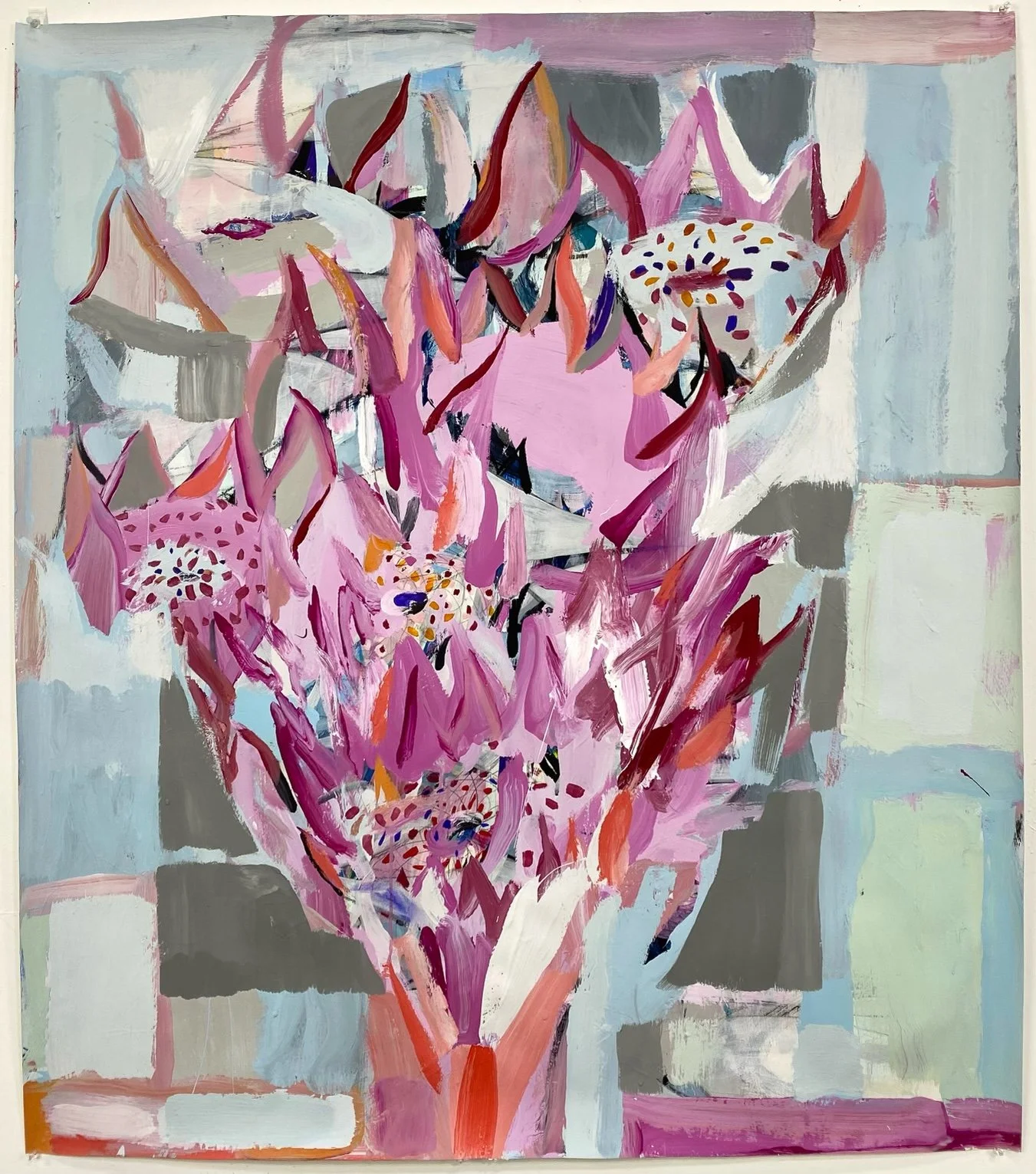 Raspberry Bouquet, ink, acrylic, acrylic latex, vinyl paint on paper, 48 x 42 inches framed