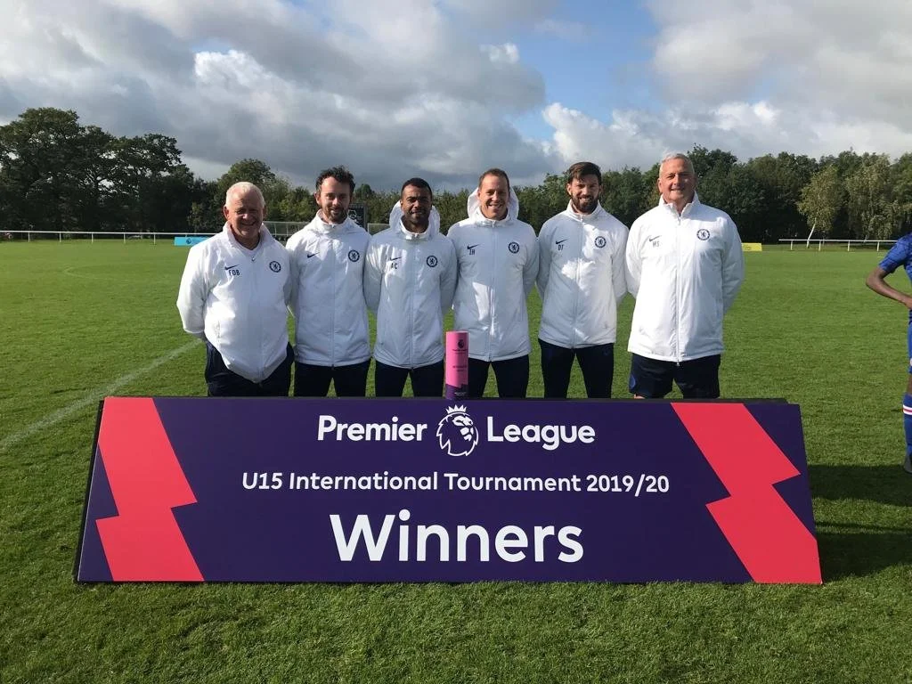 Ed Clarke with Ashley Cole and the rest of the winning Chelsea U15 staff