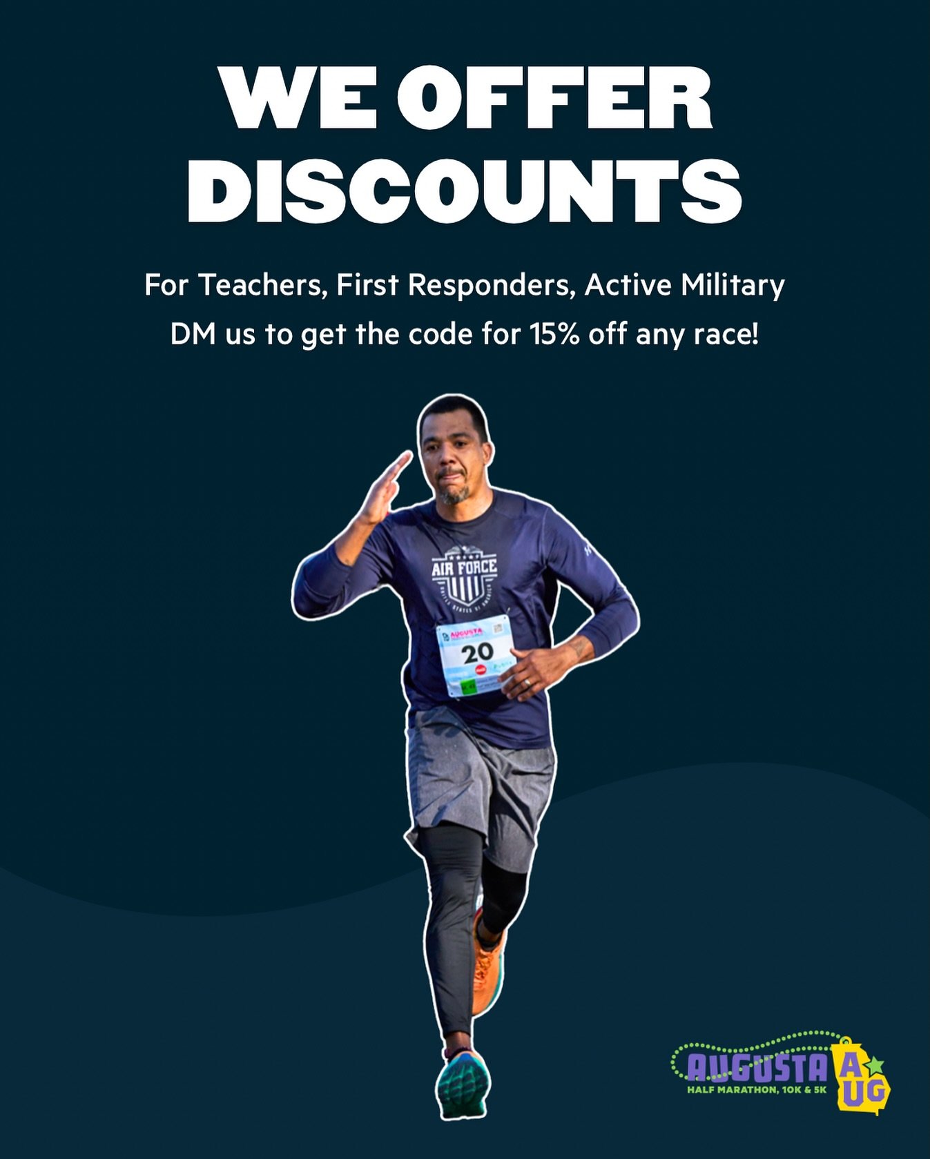 We&rsquo;re proud to support those who serve our community! ❤️

Teachers, First Responders, and Active Military can receive 15% off any race, just DM us for your discount code!

#veteransday #augustahalf #military