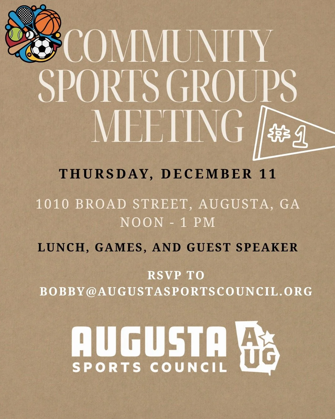 Calling all community sports leaders! Join the Augusta Sports Council on December 11 for our community sports groups meeting. Lunch, games, and a guest speaker await! 📣🏅

#AugustaSports #AugustaSportsCouncil