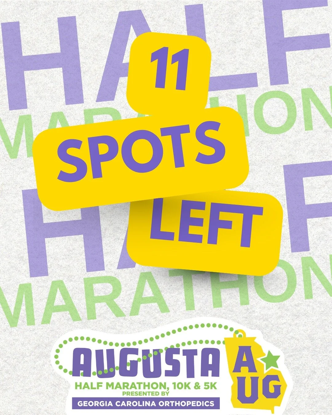 Packet pickup &amp; last chance registration is TOMORROW! 

Only 1️⃣1️⃣ spots remain for the Augusta Half Marathon! 

We look forward to selling out our races and seeing even more of you in 2027!

Packet Pickup &amp; Expo Details:
⏰ 11 AM - 7 PM
📍 T