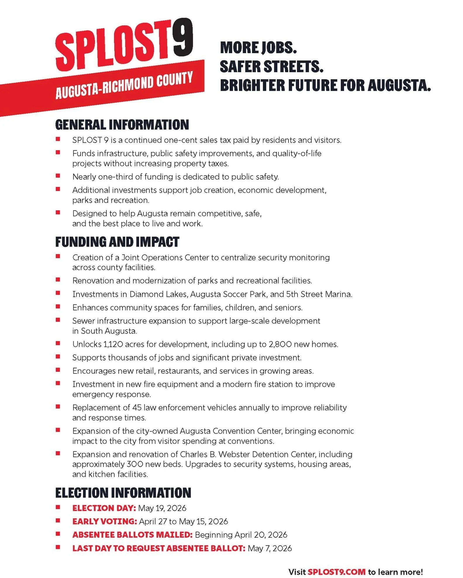 Augusta-Richmond County citizens: Early Voting for the May 19 election is underway. Early Voting runs from April 27 to May 15. Learn more -> www.SPLOST9.com 🗳️