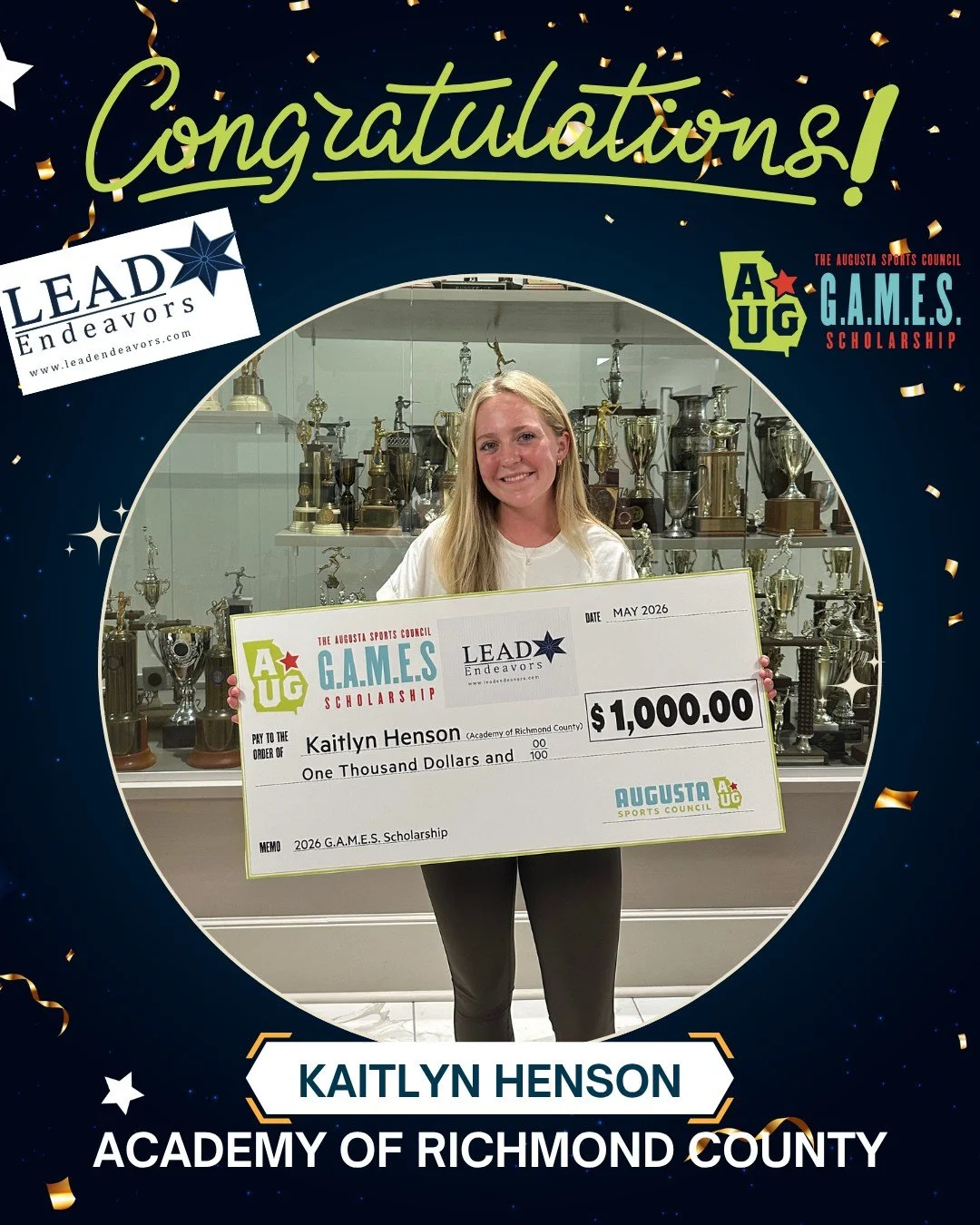🎉 Congratulations to our 2026 G.A.M.E.S Scholarship recipient: 𝗞𝗮𝗶𝘁𝗹𝘆𝗻 𝗛𝗲𝗻𝘀𝗼𝗻 from Academy of Richmond County! 

We're proud to honor exceptional student-athletes in the CSRA. 📚

Thanks to LEAD Endeavors for sponsoring the scholarship!