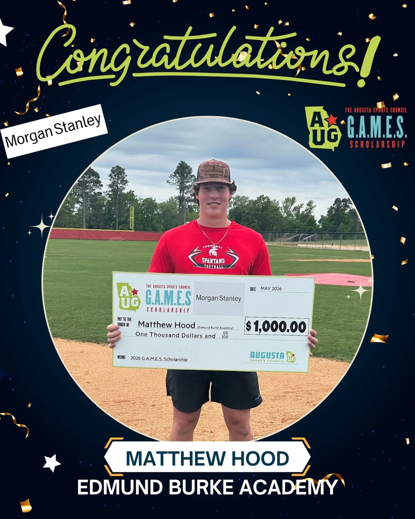 🎉 Congratulations to our 2026 G.A.M.E.S Scholarship recipient: 𝗠𝗮𝘁𝘁𝗵𝗲𝘄 𝗛𝗼𝗼𝗱 from @eba_spartans!

We&rsquo;re proud to help CSRA student-athletes further their education. 📚

Thanks to Morgan Stanley for sponsoring the scholarship!

#Augus