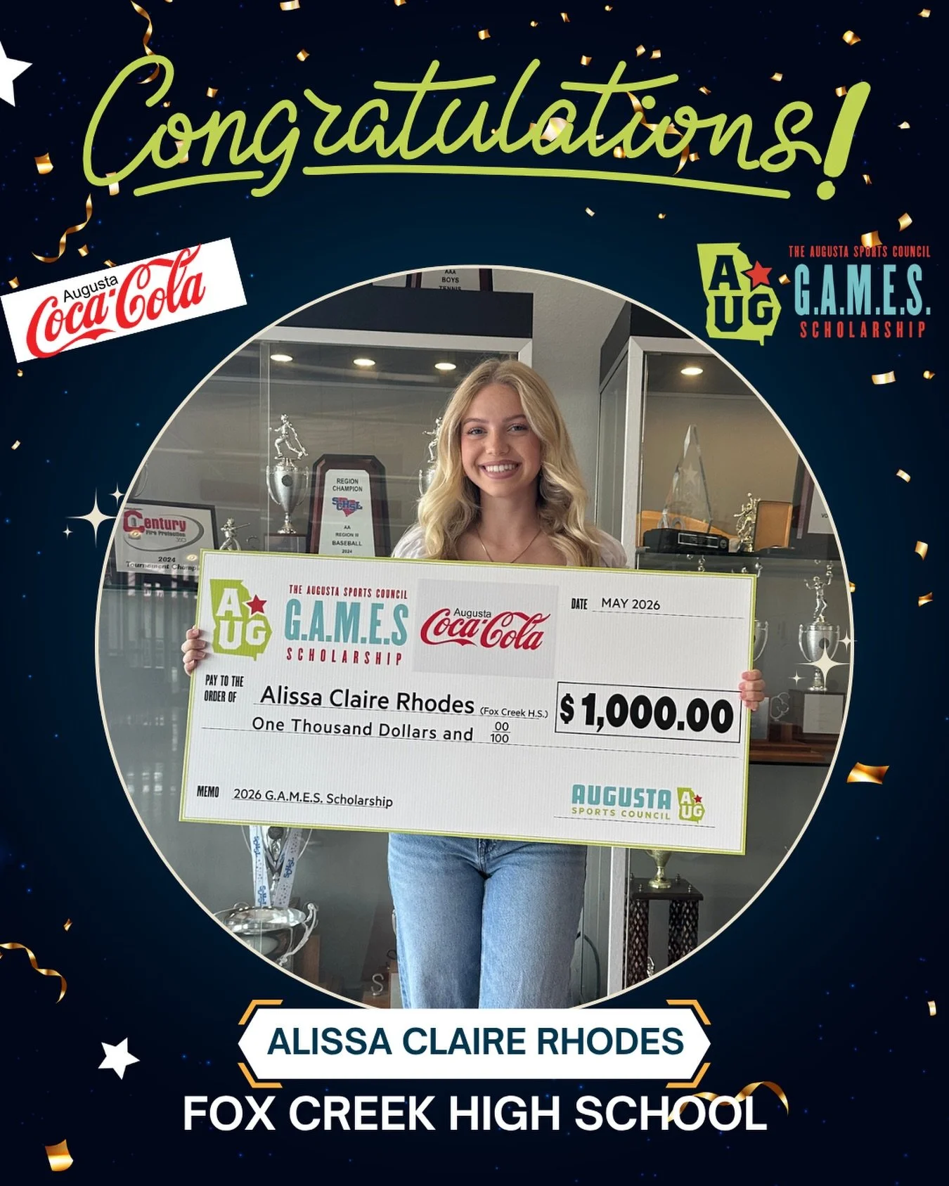 🎉 Congratulations to our 2026 G.A.M.E.S Scholarship recipient: 𝗔𝗹𝗶𝘀𝘀𝗮 𝗖𝗹𝗮𝗶𝗿𝗲 𝗥𝗵𝗼𝗱𝗲𝘀 from @instafchs! 

We&rsquo;re happy to recognize student-athletes in the CSRA who show dedication in the classroom, in the community, and on their