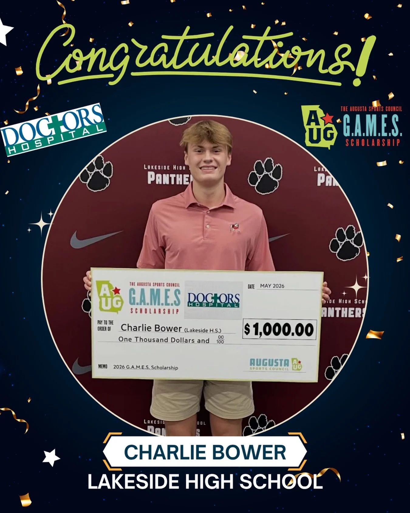 🎉 Congratulations to our 2026 G.A.M.E.S Scholarship recipient: 𝗖𝗵𝗮𝗿𝗹𝗶𝗲 𝗕𝗼𝘄𝗲𝗿 from @lhspanthersevans!

We&rsquo;re proud to honor outstanding student-athletes in the CSRA for their work in the classroom, in the community, and in sports. ?