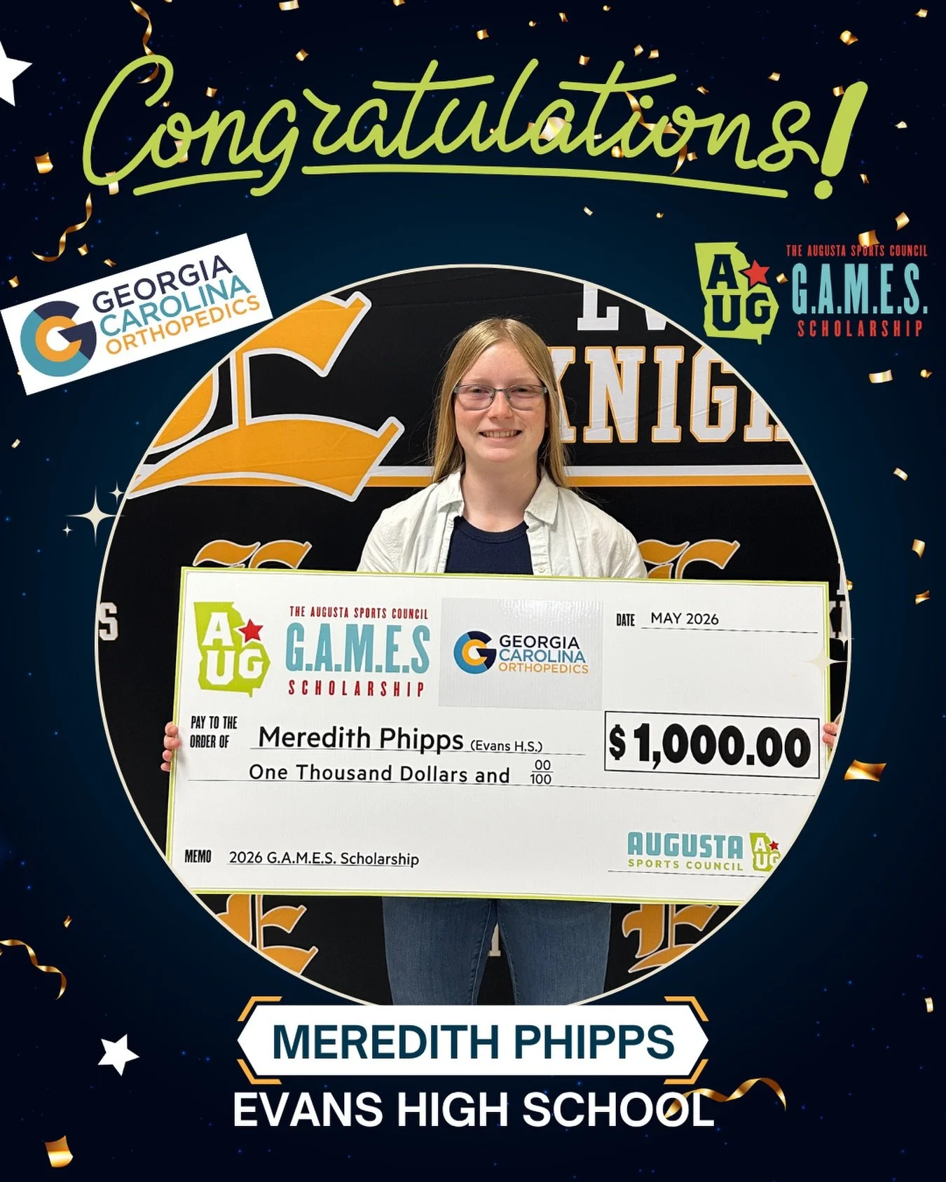 🎉 Congratulations to our 2026 G.A.M.E.S Scholarship recipient: 𝗠𝗲𝗿𝗲𝗱𝗶𝘁𝗵 𝗣𝗵𝗶𝗽𝗽𝘀 from Evans High School!

We&rsquo;re proud to support local student-athletes in continuing their education. 📚

Thanks to @georgiacarolinaortho for sponsori
