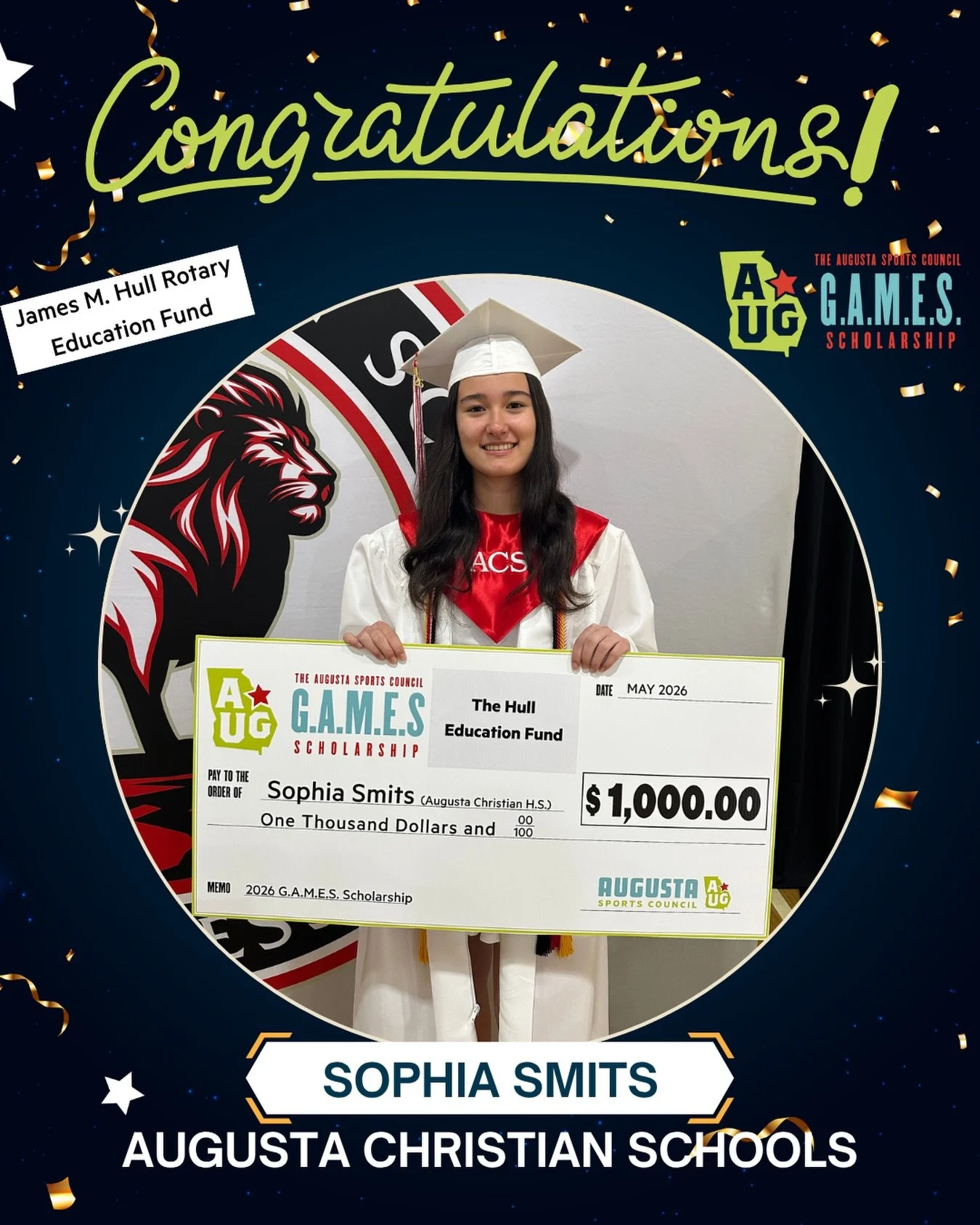 🎉 Congratulations to our 2026 G.A.M.E.S Scholarship recipient: 𝗦𝗼𝗽𝗵𝗶𝗮 𝗦𝗺𝗶𝘁𝘀 from @augustachristianschools! 

We&rsquo;re proud to honor outstanding student-athletes in the CSRA for their work in the classroom, in the community, and in spo