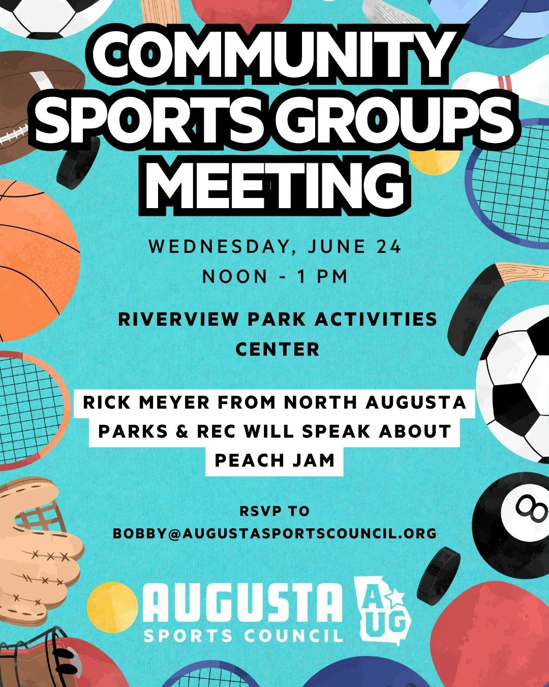 Are you involved with a local sports organization, league, or club? ⚽🏀🏈

Then you won't want to miss our next Community Sports Groups Meeting! Join us as Rick Meyer from North Augusta Parks &amp; Recreation discusses Peach Jam and connect with fell