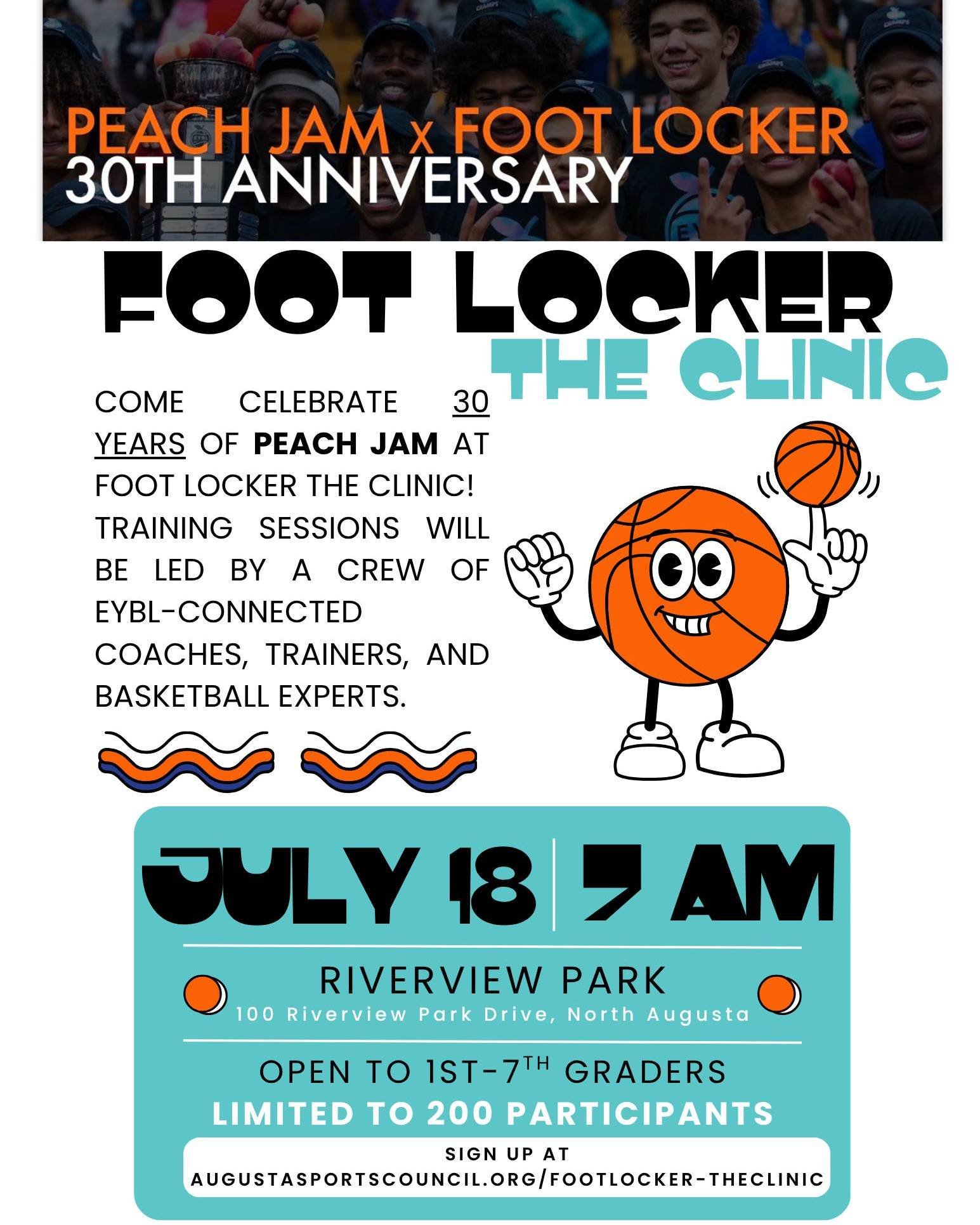 Celebrate 30 years of Peach Jam at Foot Locker The Clinic! 

🏀: Open to 1st through 7th graders
📍: Riverview Park Activities Center
📆: Saturday, July 18
⏰: 7 AM
Sign up at the link in our bio. 

Training sessions will be led by a crew of EYBL-conn