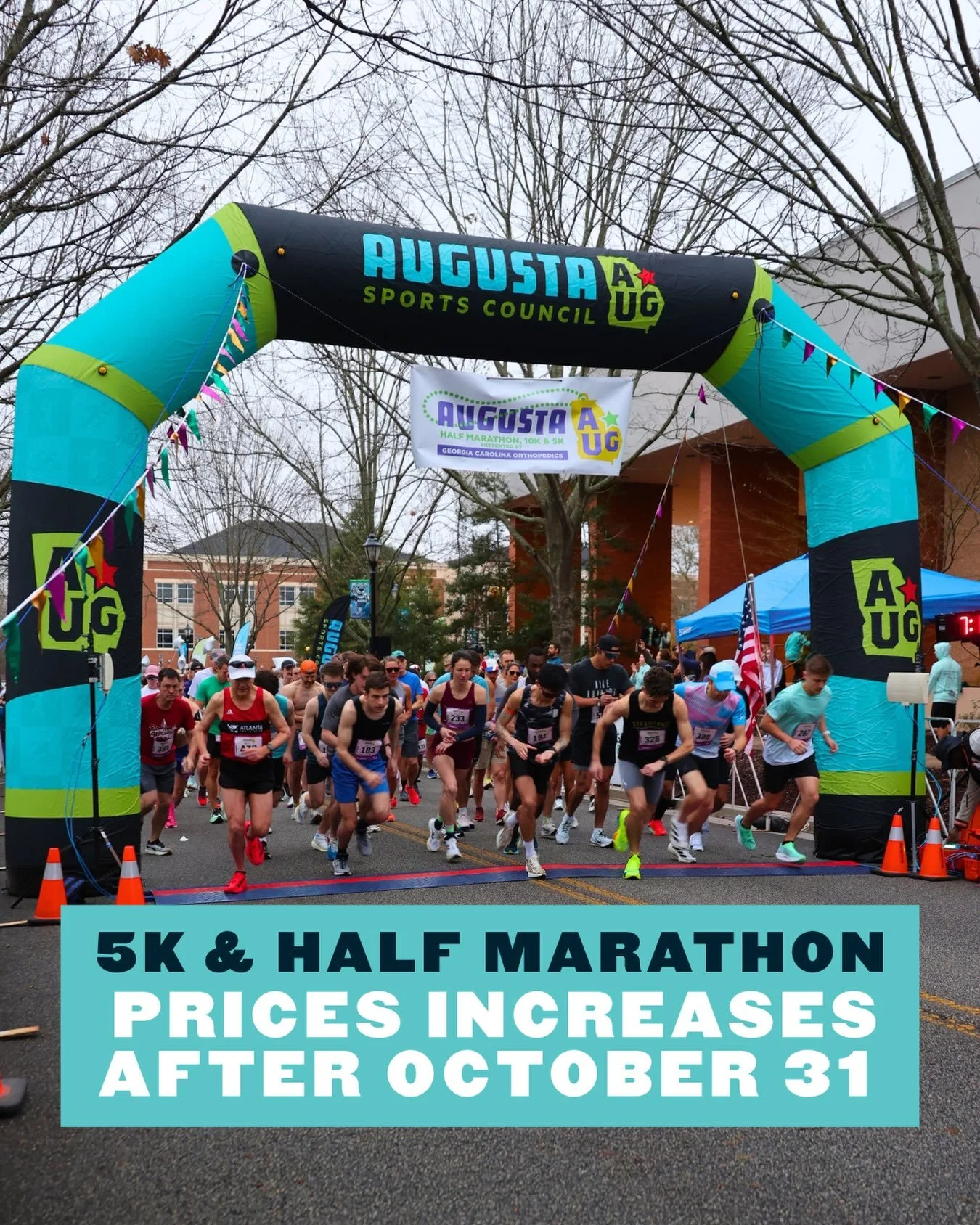 Prices go up after October 31! 🏃&zwj;♀️🏃&zwj;♂️
Lock in your spot for the Augusta Half Marathon &amp; 5K. Register now at the link in bio!

#augustasportscouncil #visitaugusta #halfmarathon #5k