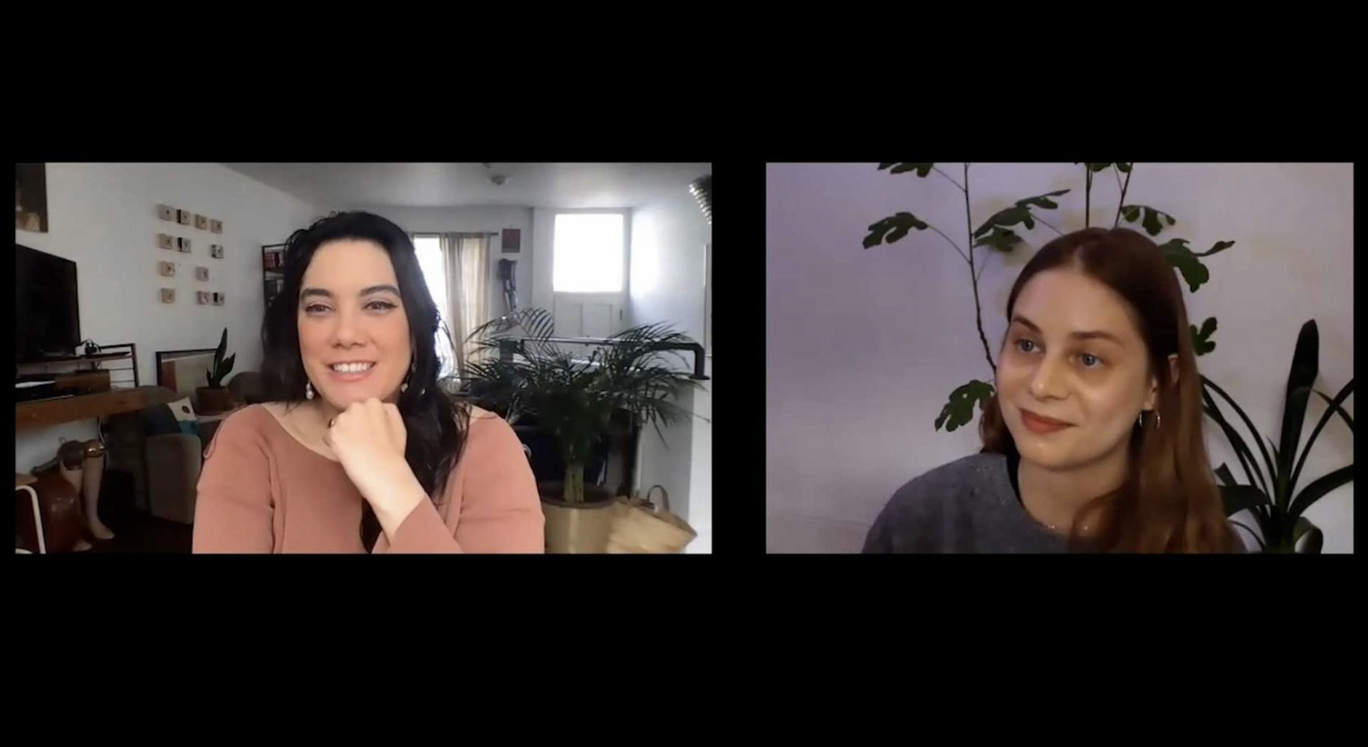 Still from Kyla Harris & Leah Clements video conversation (2021). Image Description: A screenshot of two people in conversation over zoom. Both are smiling.