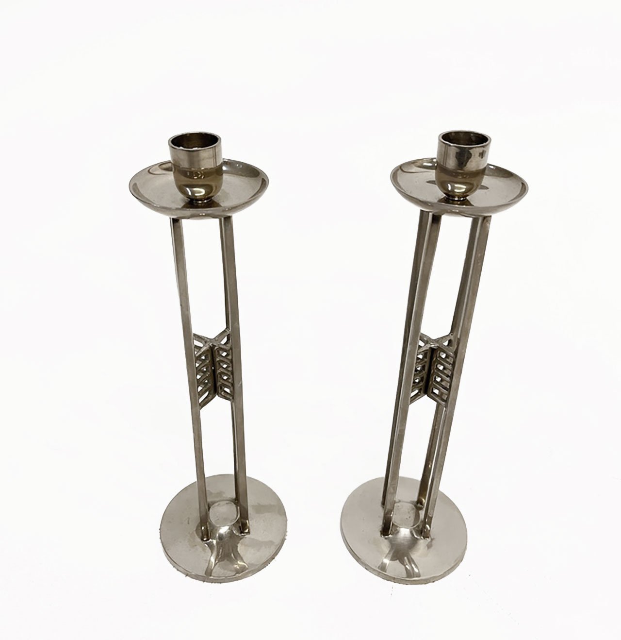 Pair of pillar/grid metal candle holders, London 1940s