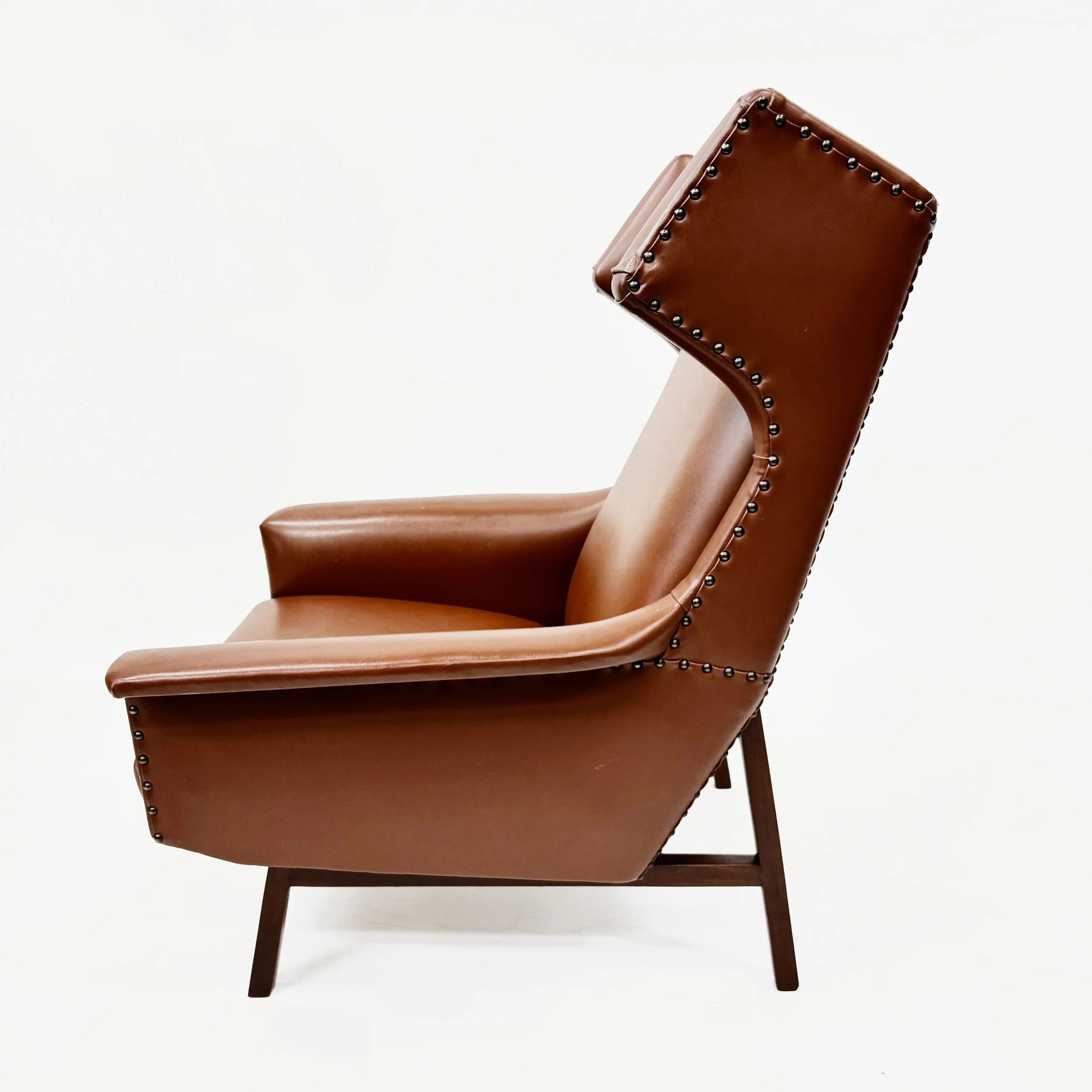Italian Designer, High Back Chair, Leather,  Wood, Italy, 1950s
