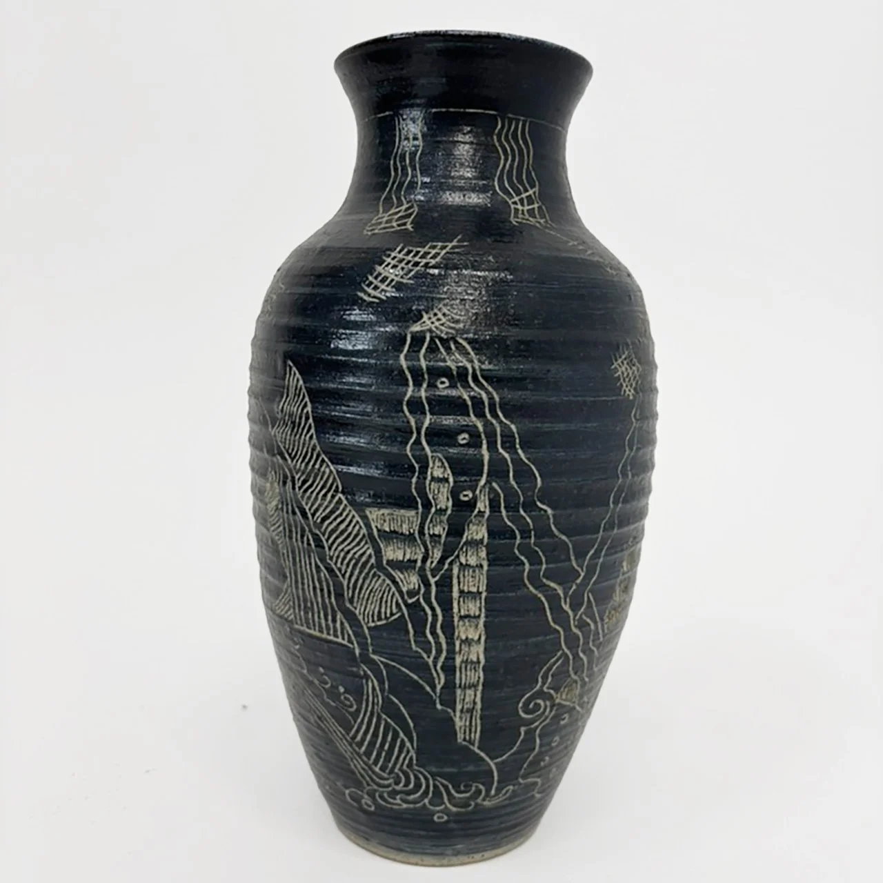Pottery Vase Glazed in Black Engraved, 1970s
