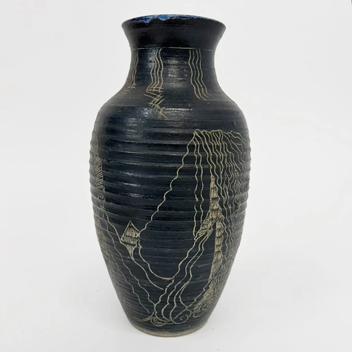 Pottery Vase Glazed in Black Engraved, 1970s