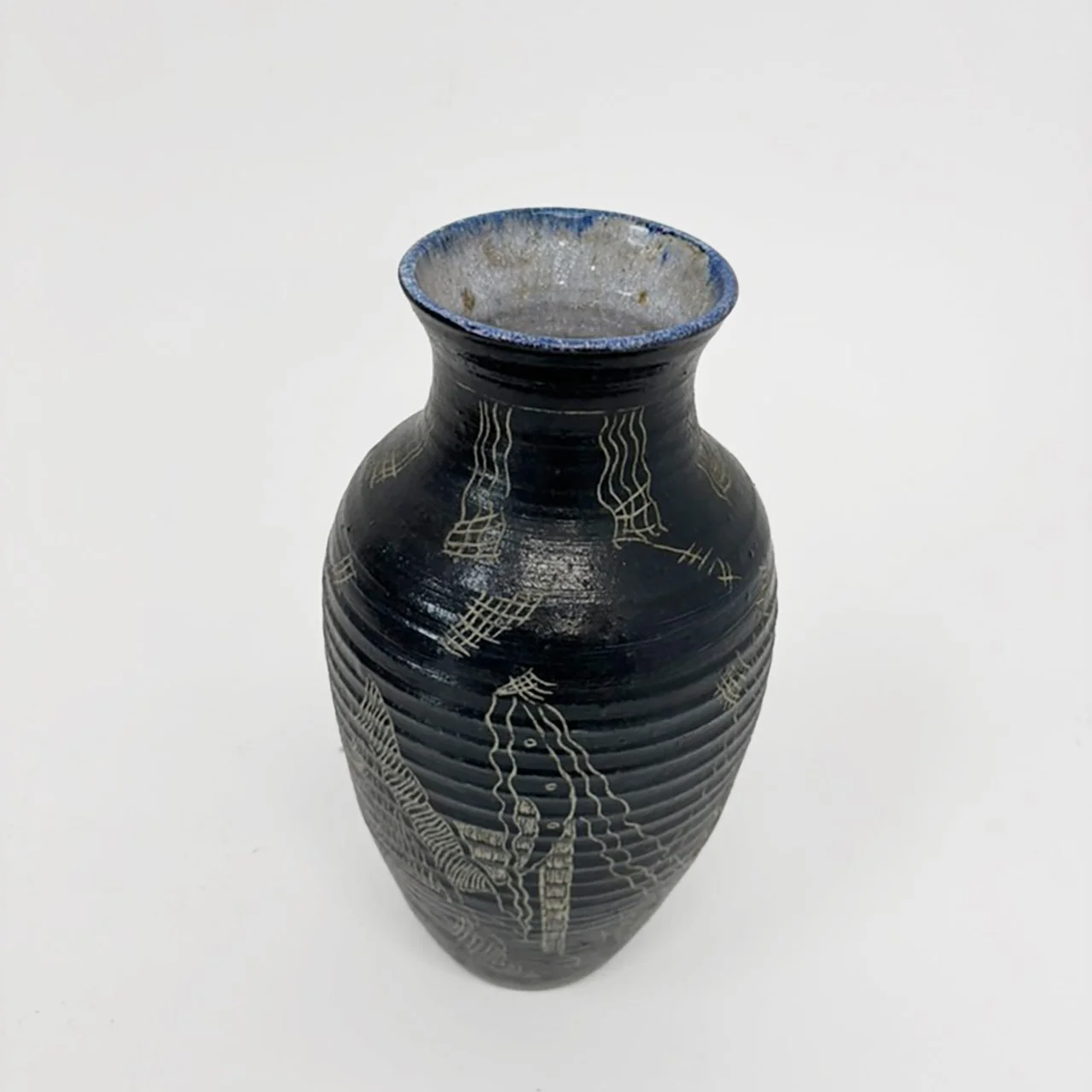 Pottery Vase Glazed in Black Engraved, 1970s