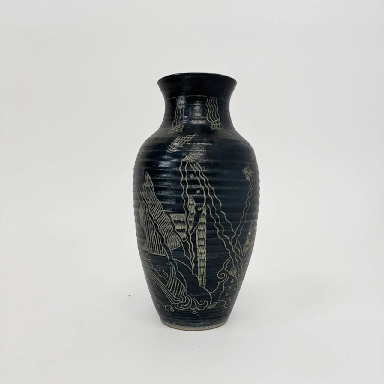 Pottery Vase Glazed in Black Engraved, 1970s