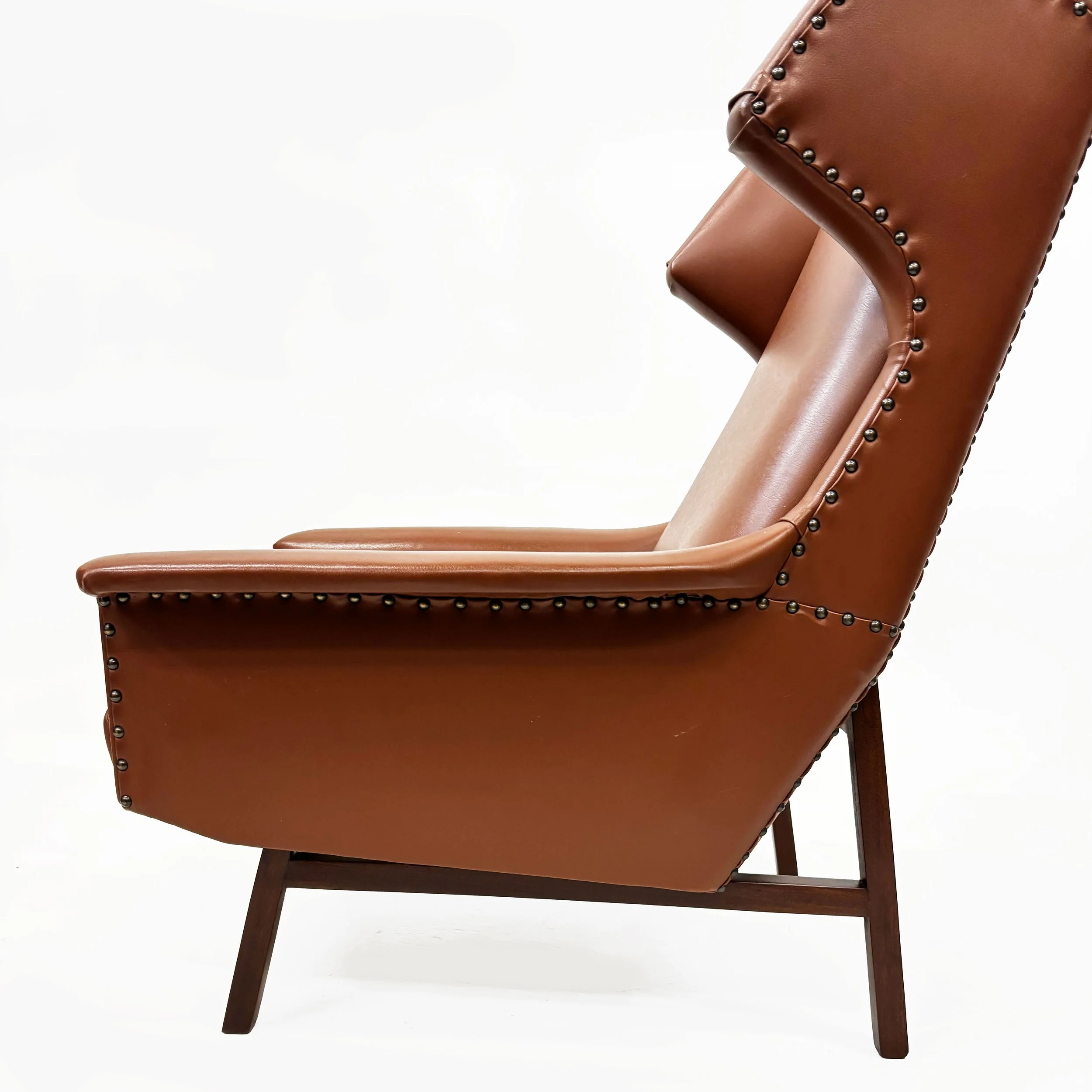 Italian Designer, High Back Chair, Leather,  Wood, Italy, 1950s